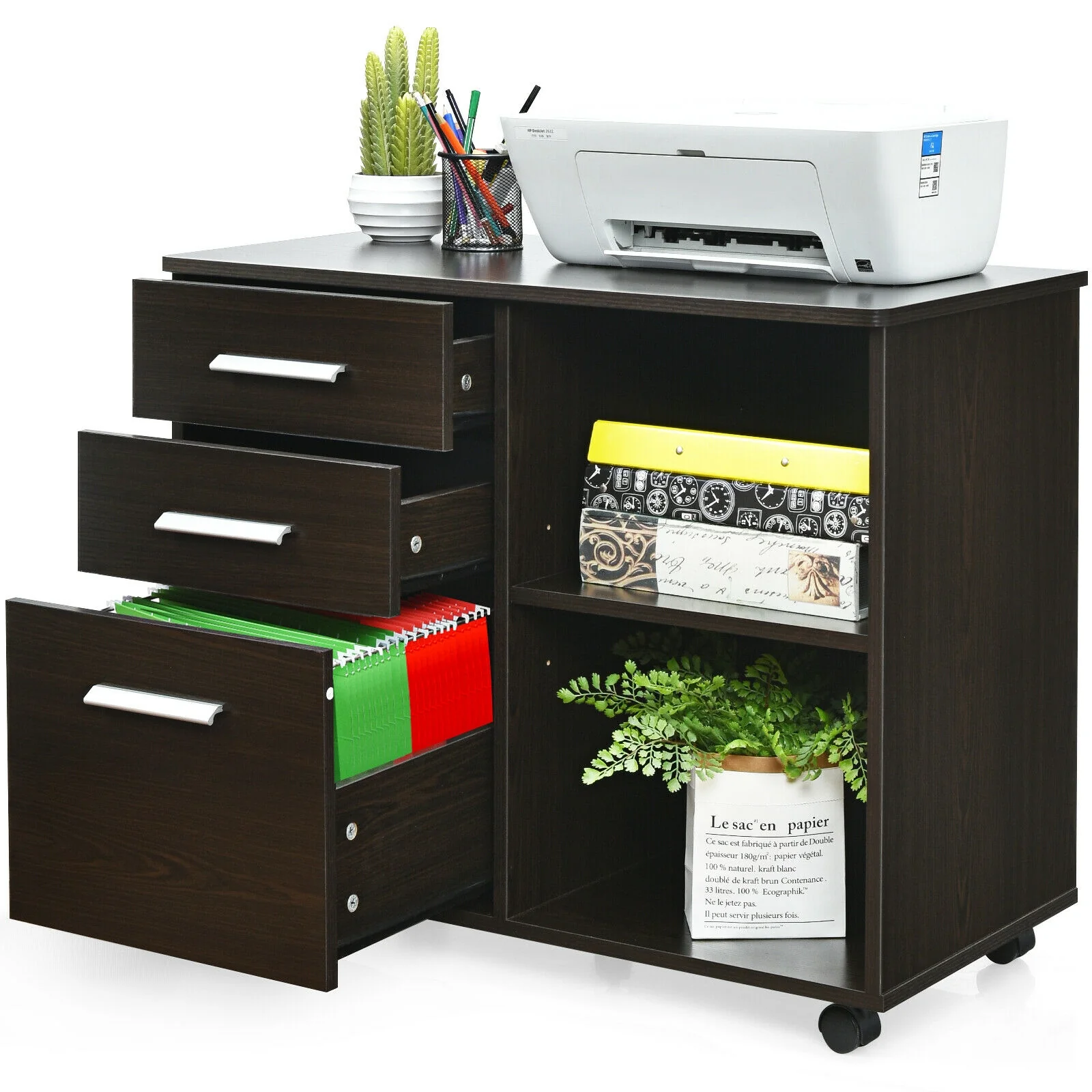 3-Drawer Mobile Lateral File Cabinet Printer Stand, Dark Brown - Image 9