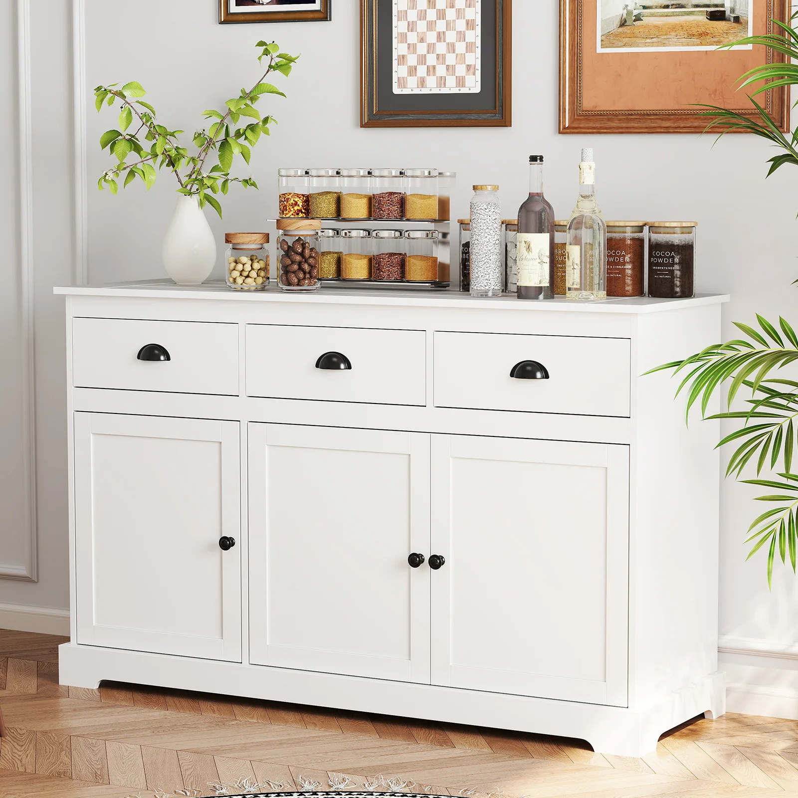 3 Drawer Sideboard Buffet With Adjustable Shelves, White - Image 2