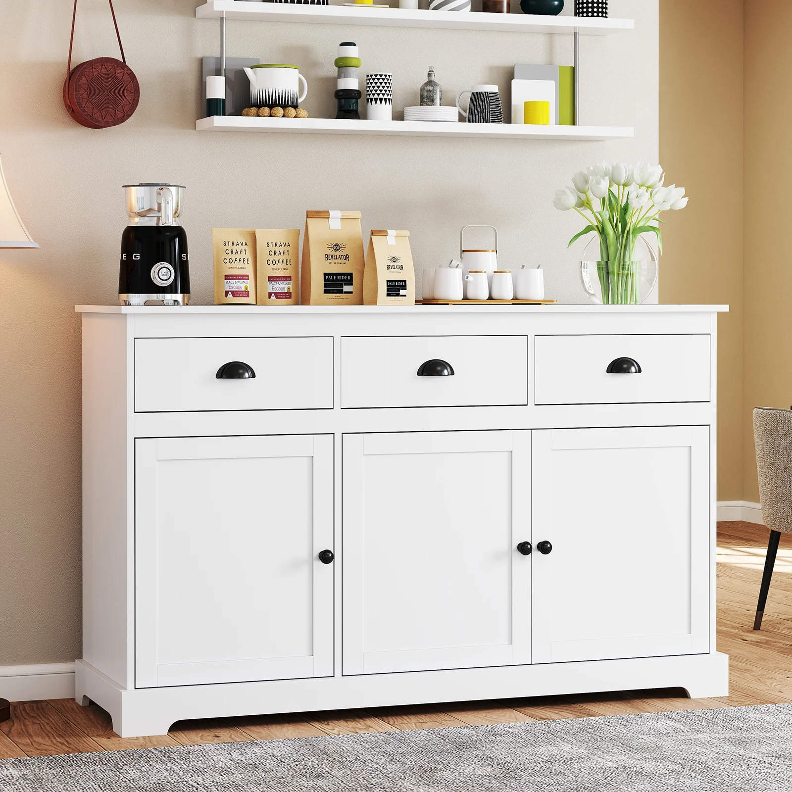 3 Drawer Sideboard Buffet With Adjustable Shelves, White - Image 3
