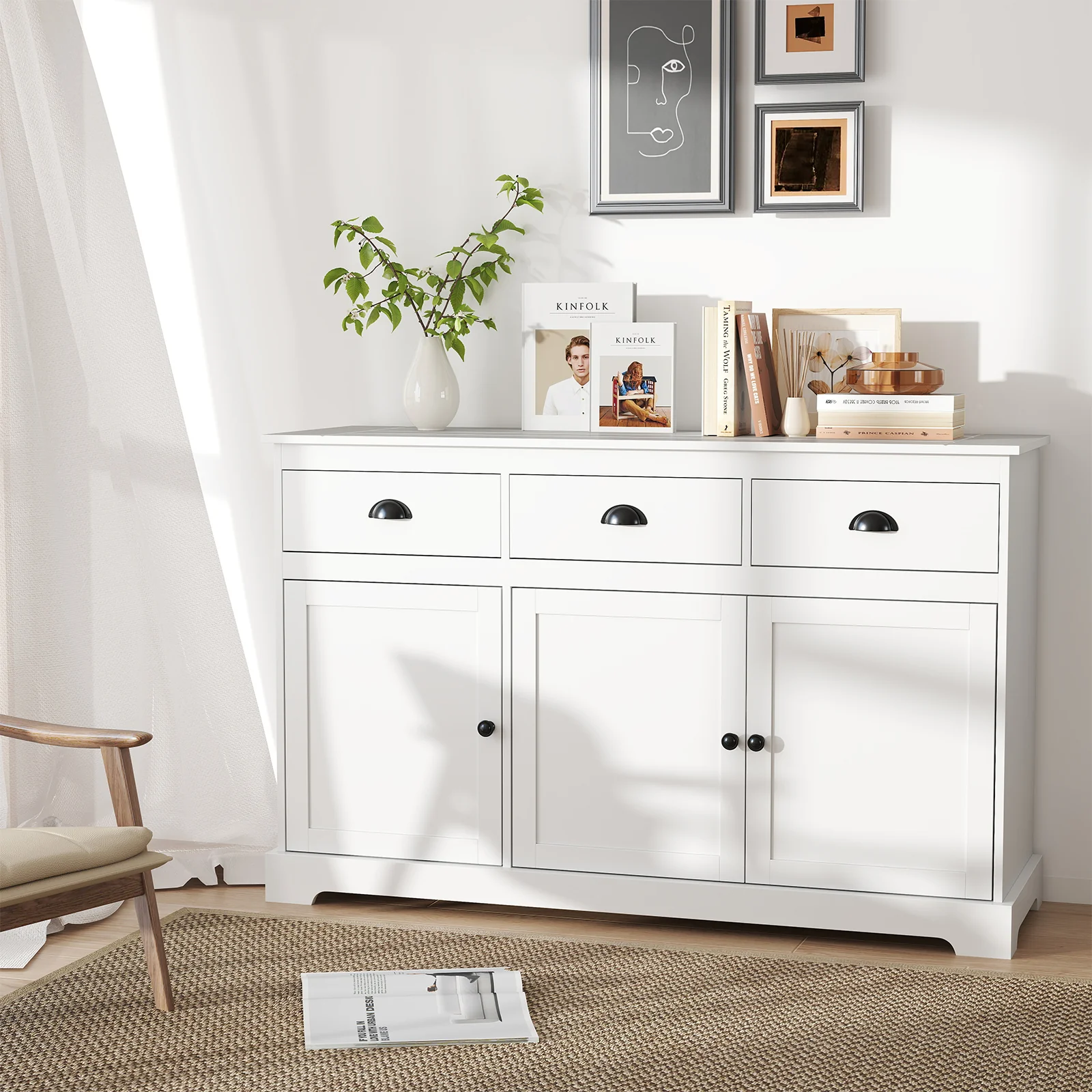 3 Drawer Sideboard Buffet With Adjustable Shelves, White - Image 7