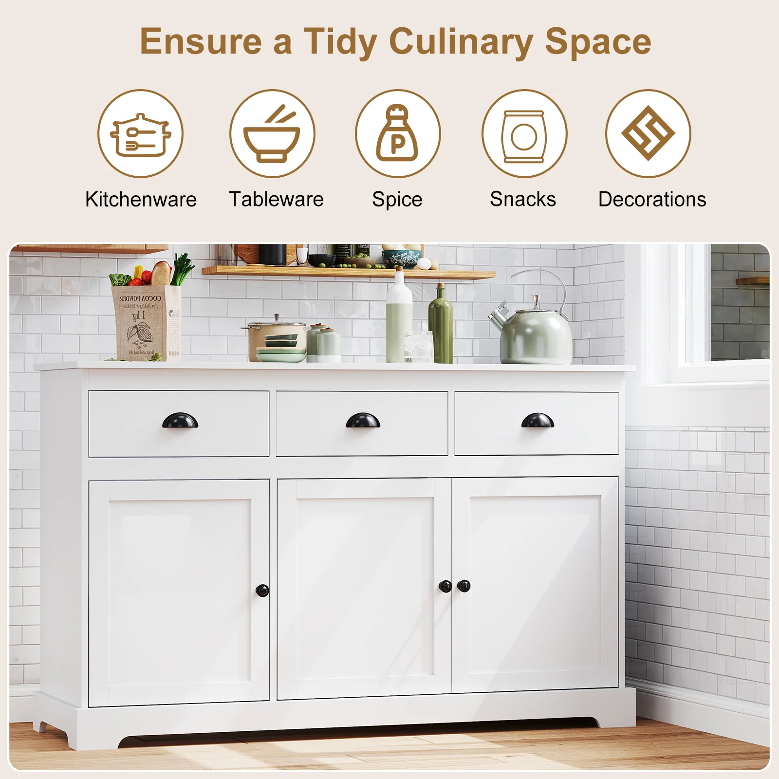 3 Drawer Sideboard Buffet With Adjustable Shelves, White - Image 9