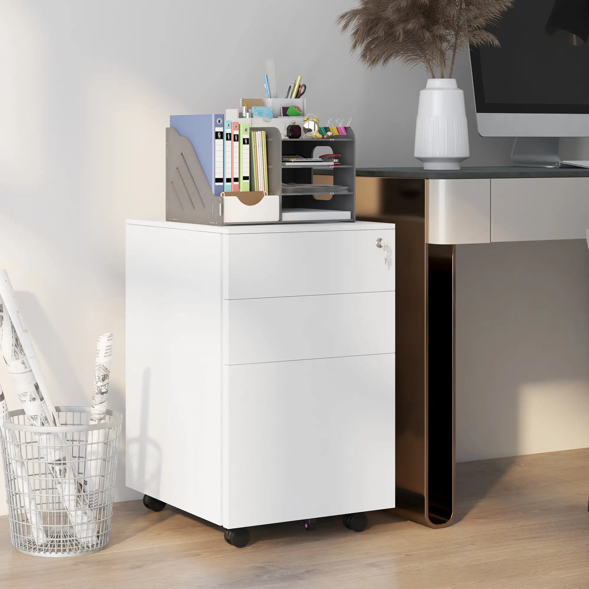 3-Drawer Steel Filing Cabinet on Wheels, Lockable, Adjustable Hanging Bar, White - Image 2