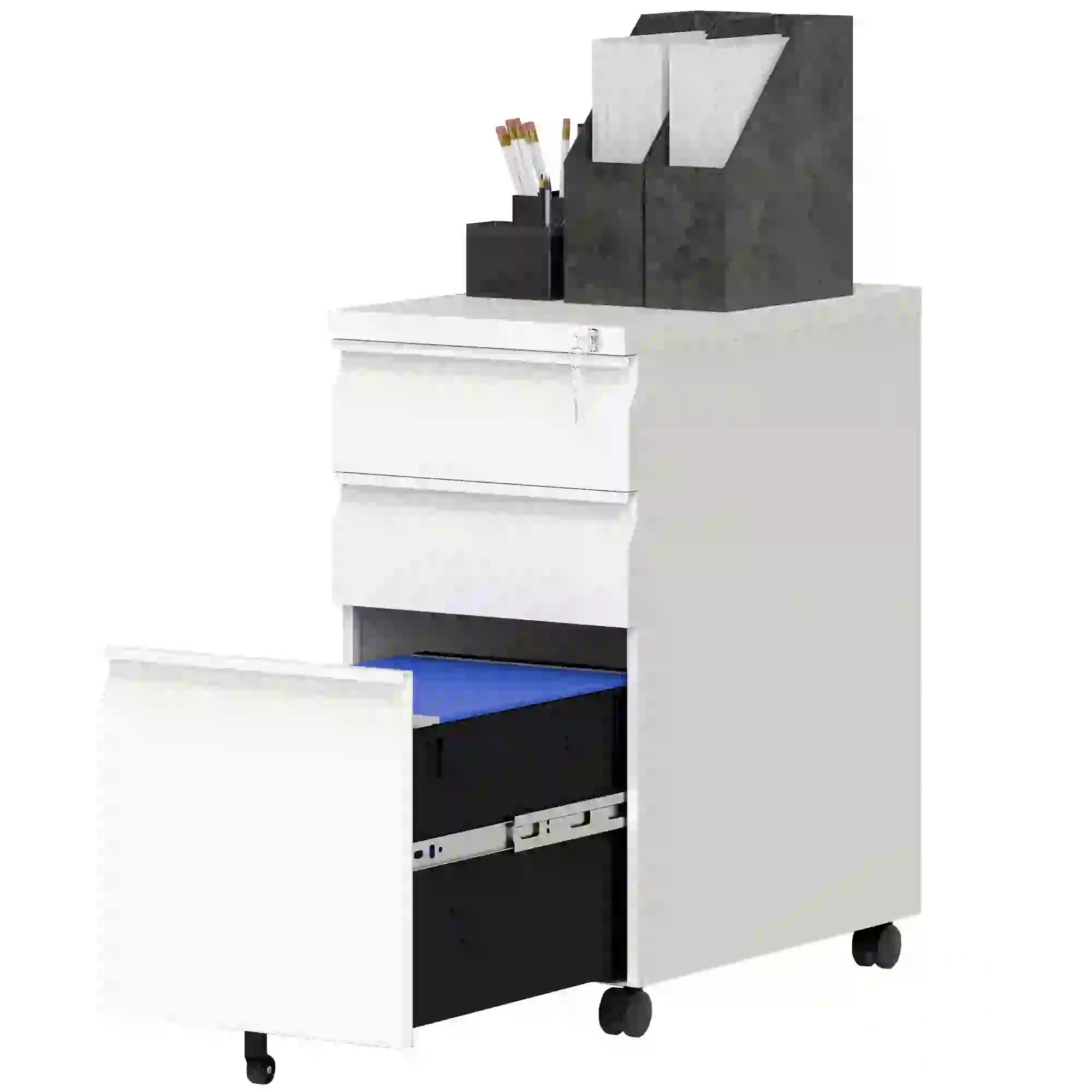 3 Drawer Steel Filing Cabinet with Lock, Hanging Bar, White