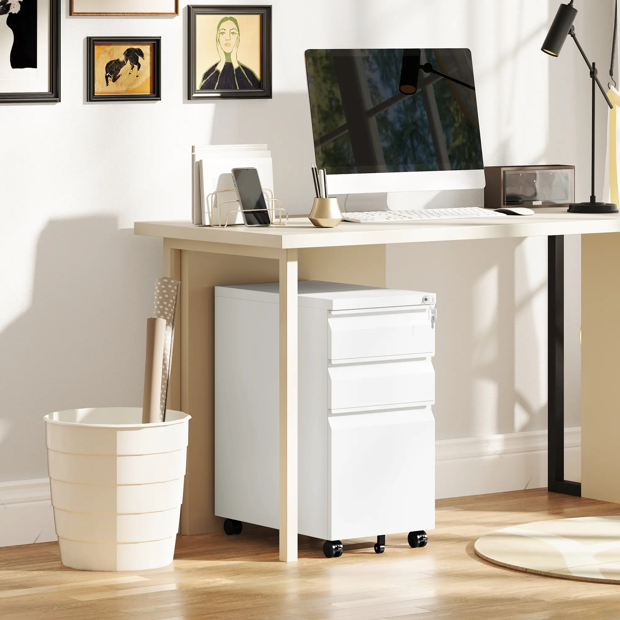 3 Drawer Steel Filing Cabinet with Lock, Hanging Bar, White - Image 10