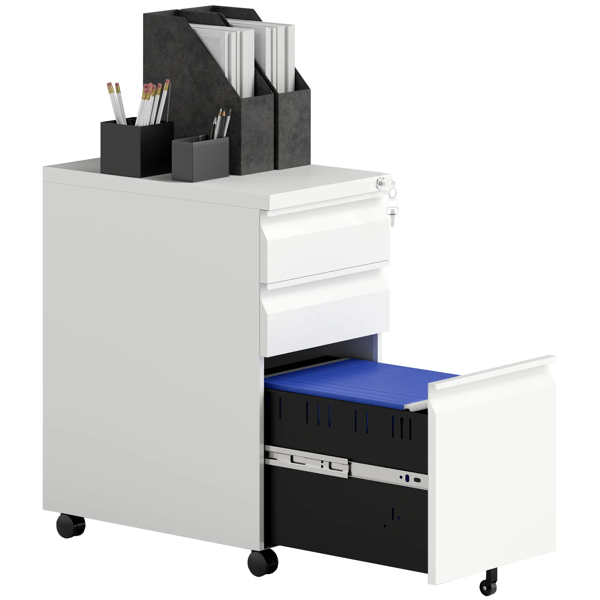 3 Drawer Steel Filing Cabinet with Lock, Hanging Bar, White - Image 11