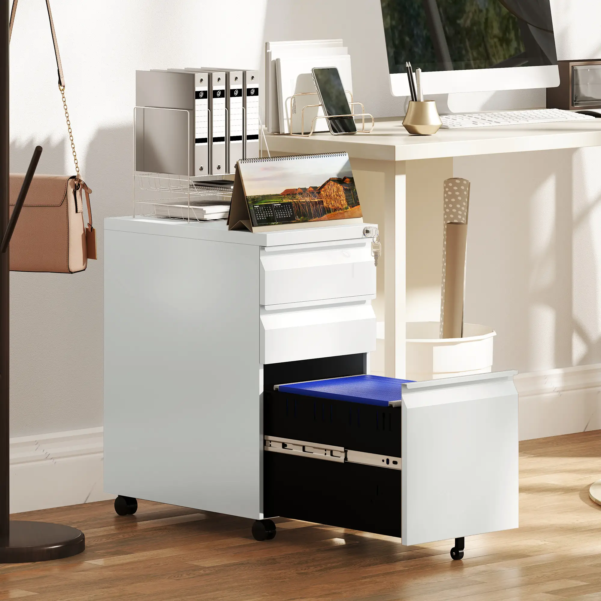 3 Drawer Steel Filing Cabinet with Lock, Hanging Bar, White - Image 2