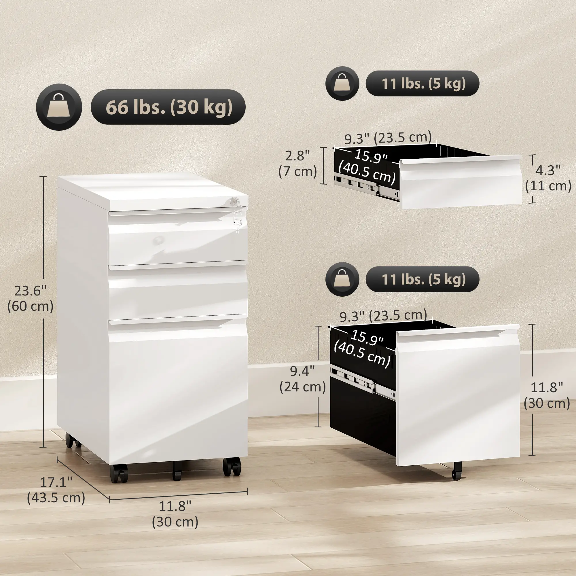 3 Drawer Steel Filing Cabinet with Lock, Hanging Bar, White - Image 3