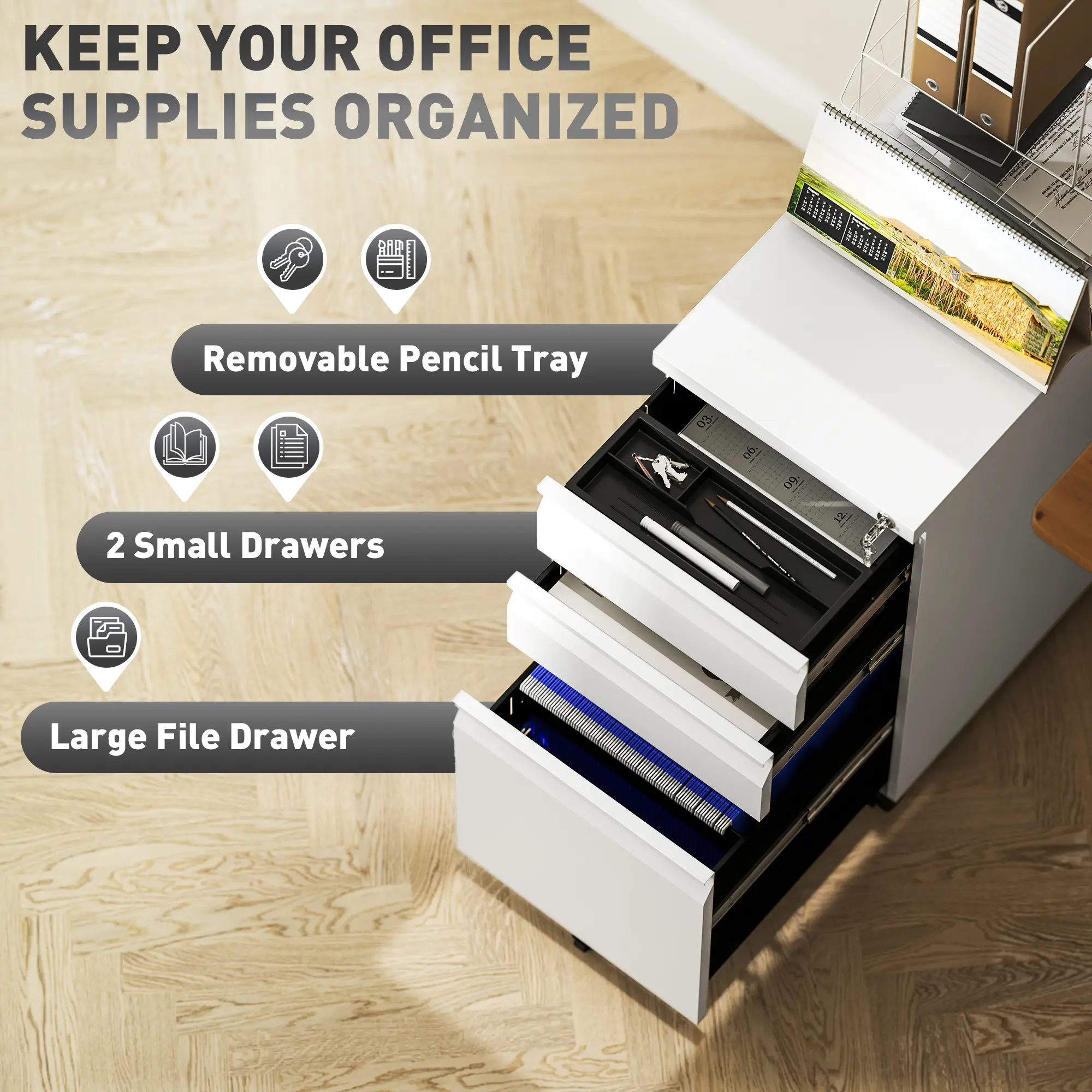 3 Drawer Steel Filing Cabinet with Lock, Hanging Bar, White - Image 4