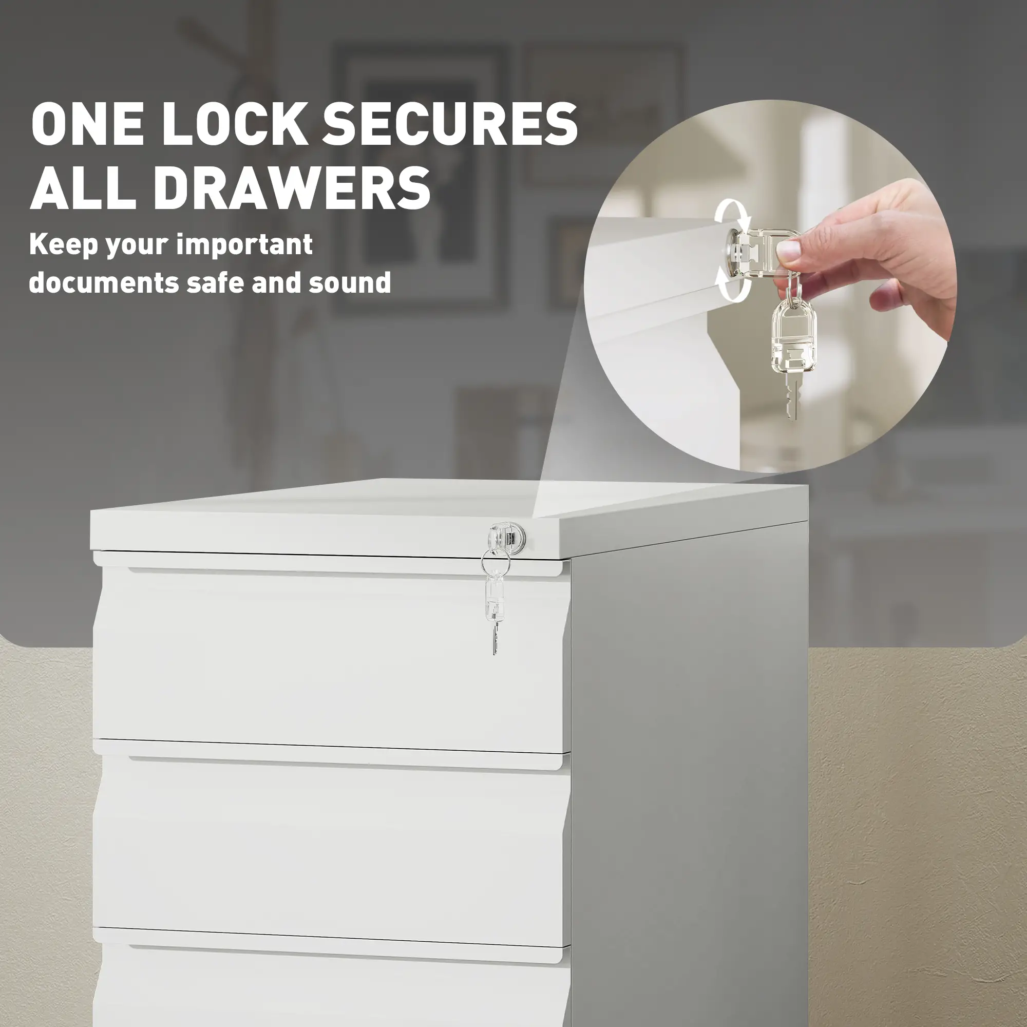 3 Drawer Steel Filing Cabinet with Lock, Hanging Bar, White - Image 6