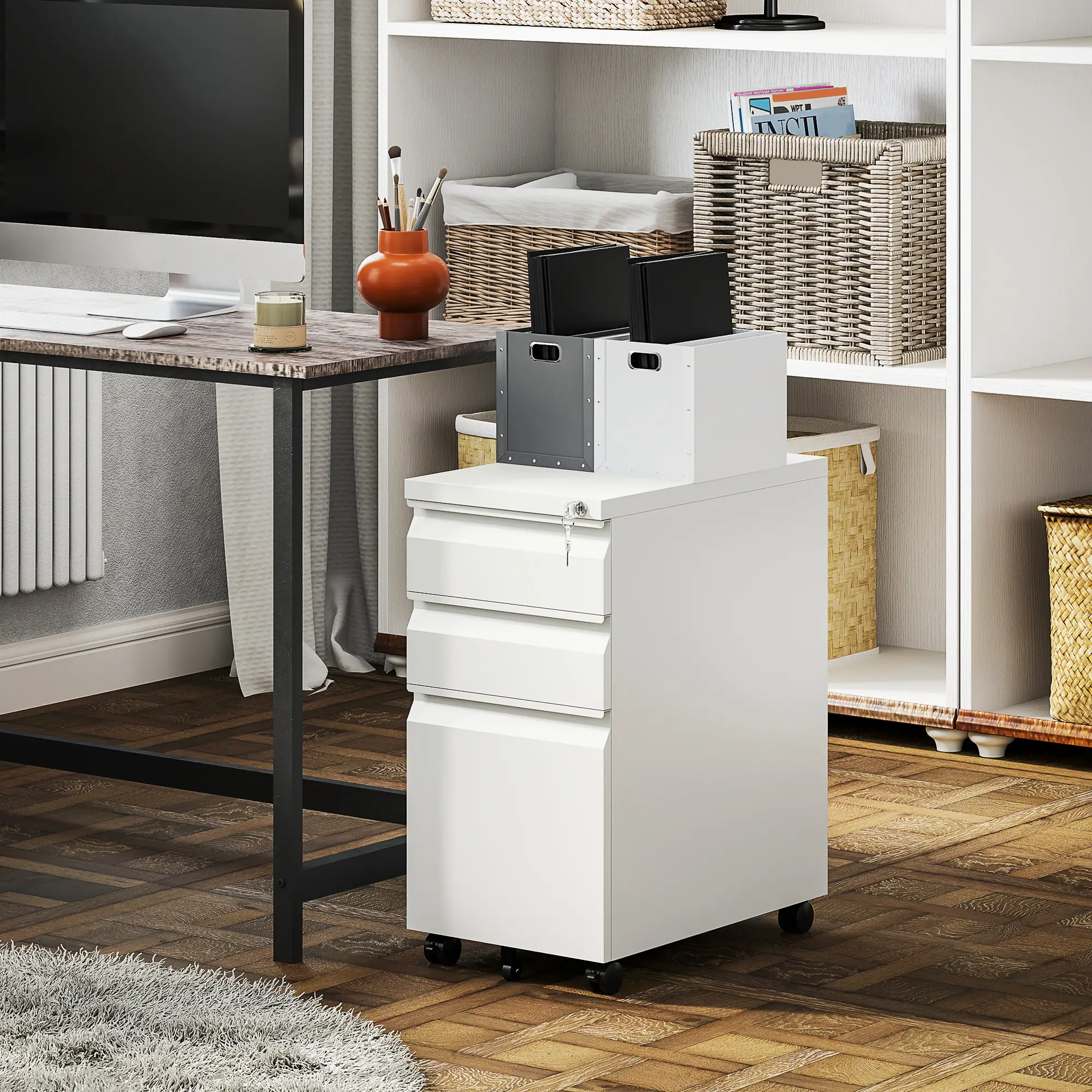 3 Drawer Steel Filing Cabinet with Lock, Hanging Bar, White - Image 8