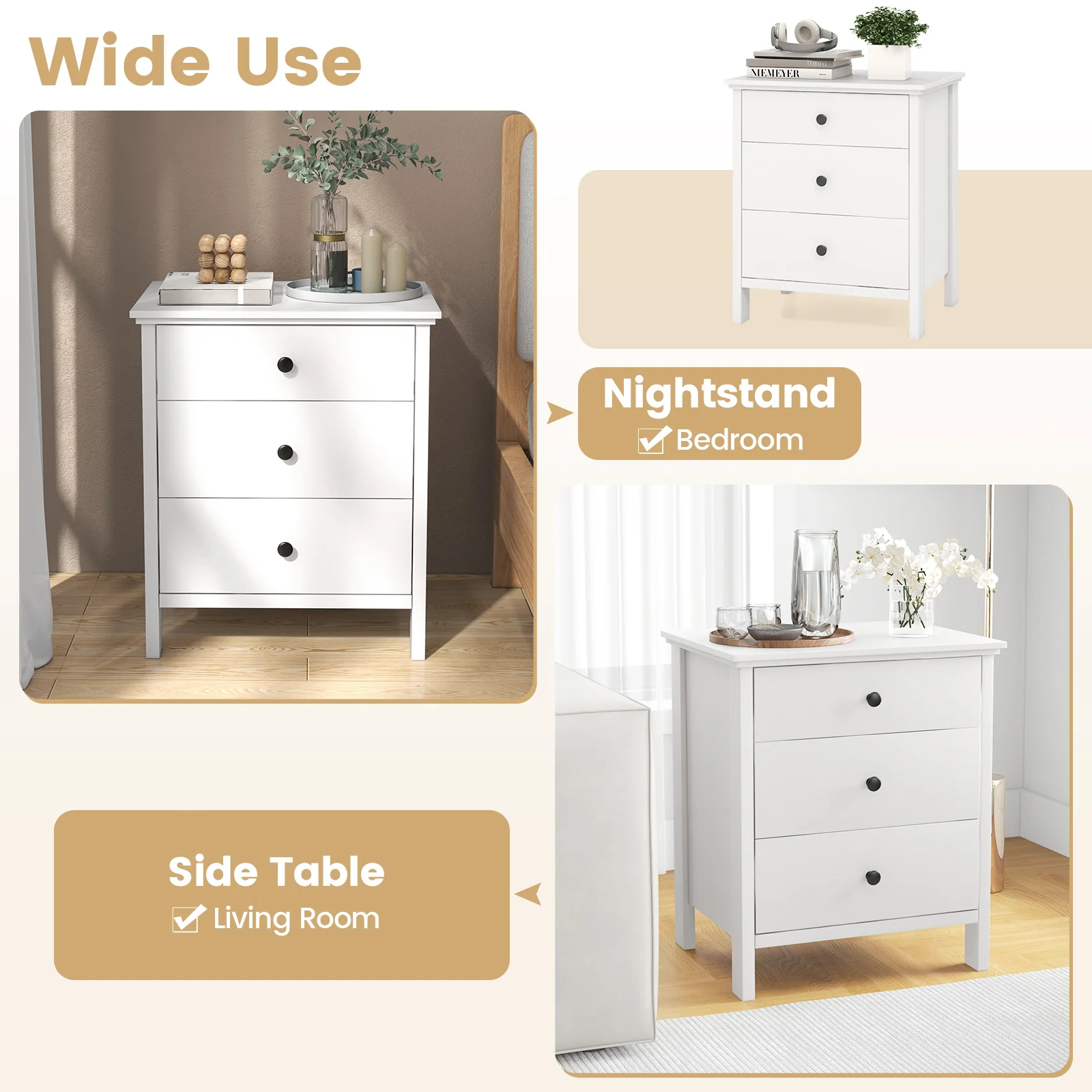 3-Drawer Wooden Nightstand, Modern Bedside Table, White - Image 10