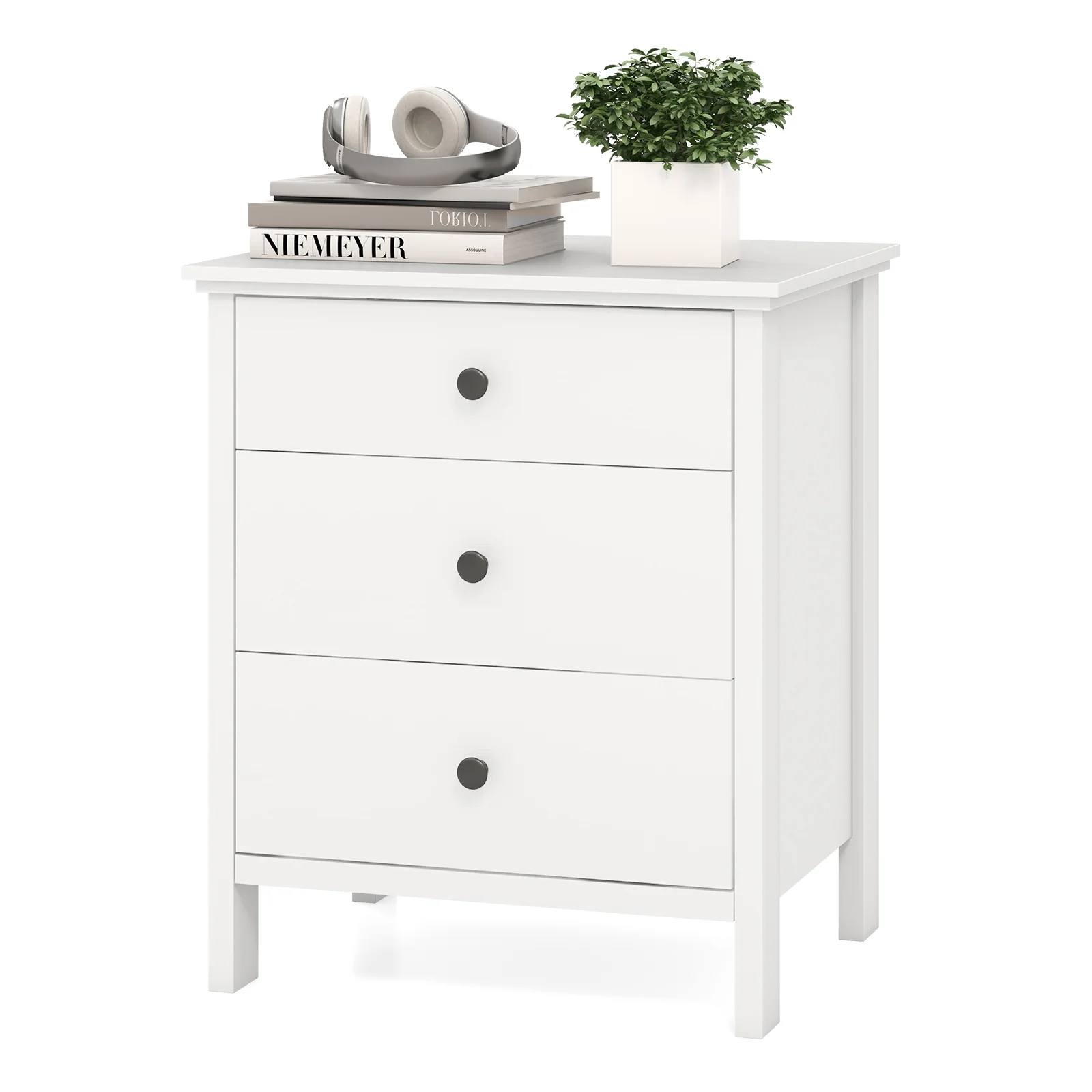 3-Drawer Wooden Nightstand, Modern Bedside Table, White - Image 5