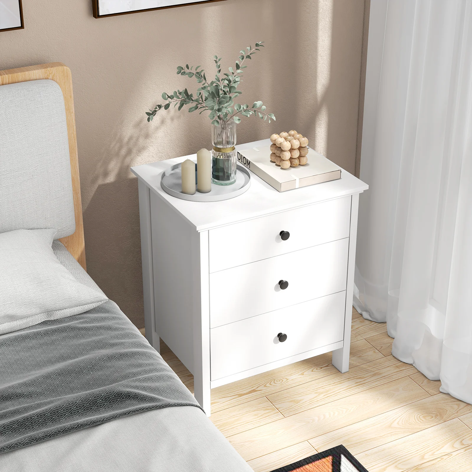 3-Drawer Wooden Nightstand, Modern Bedside Table, White - Image 8