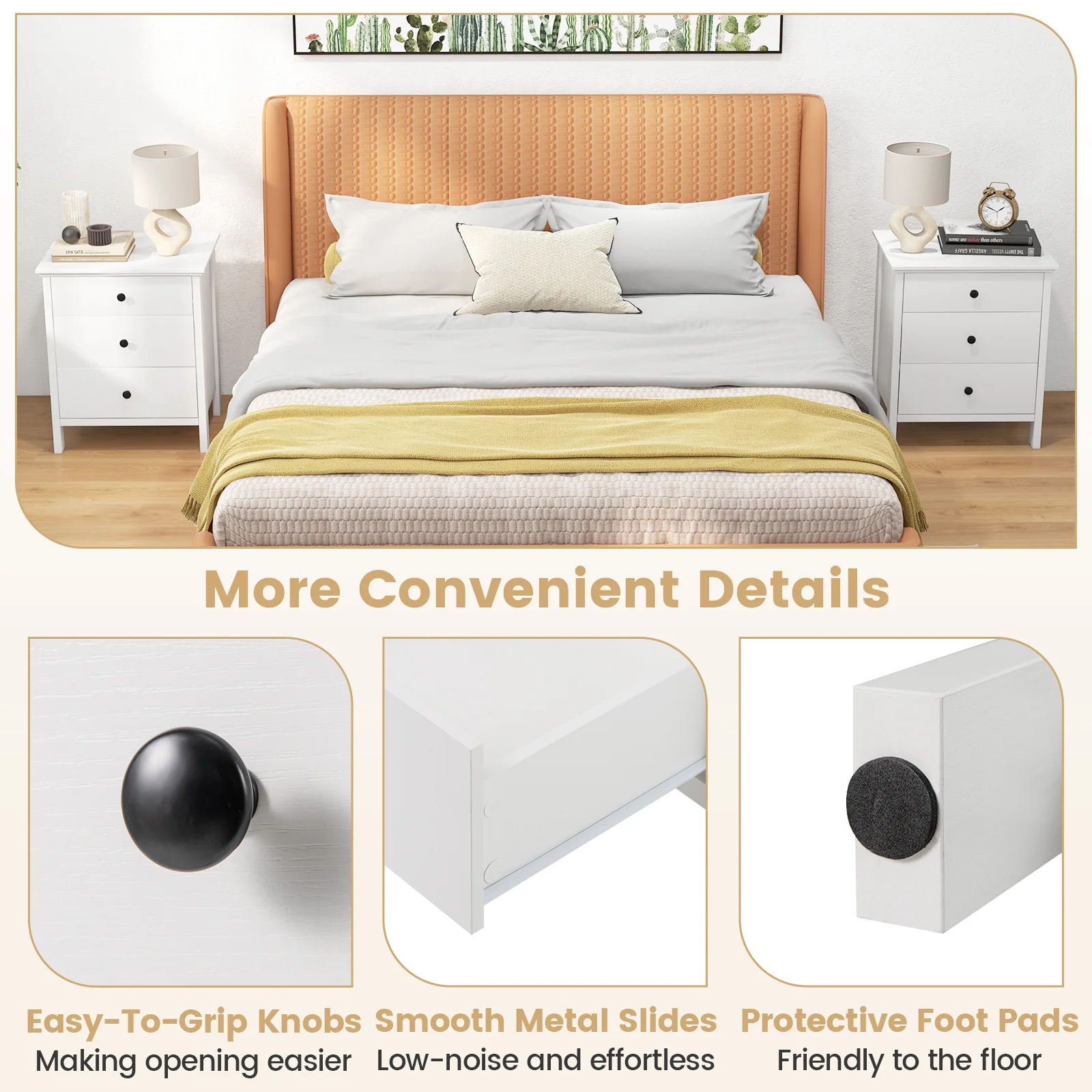 3-Drawer Wooden Nightstand, Modern Bedside Table, White - Image 9