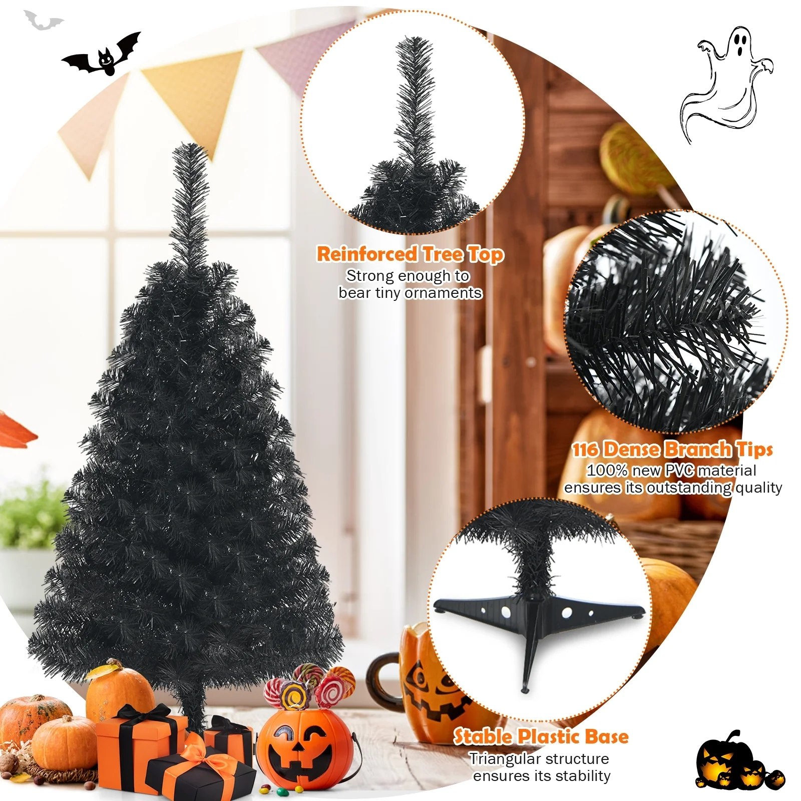 3 Feet Artificial Christmas Halloween Tree, Plastic Stand, Black - Image 10