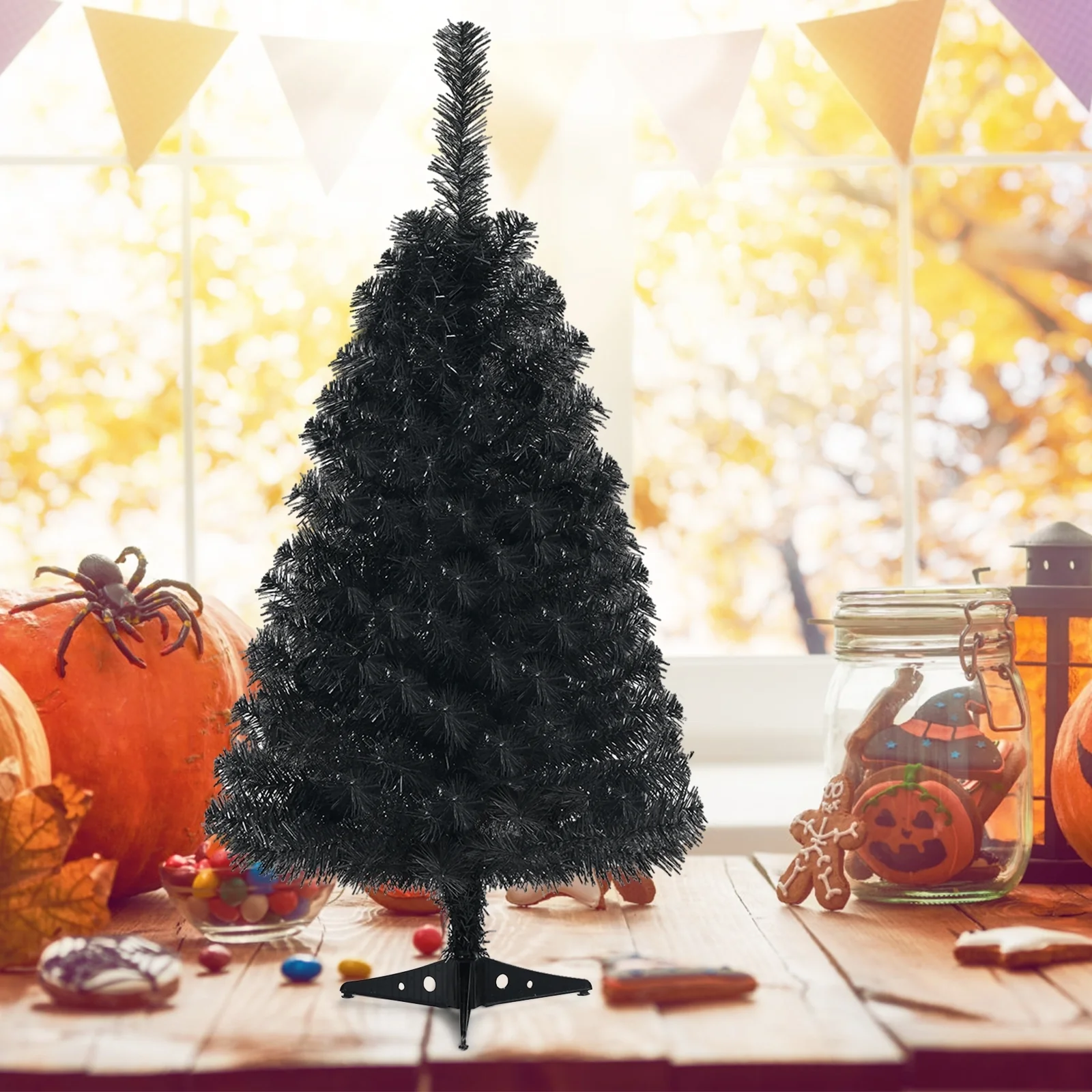 3 Feet Artificial Christmas Halloween Tree, Plastic Stand, Black - Image 2
