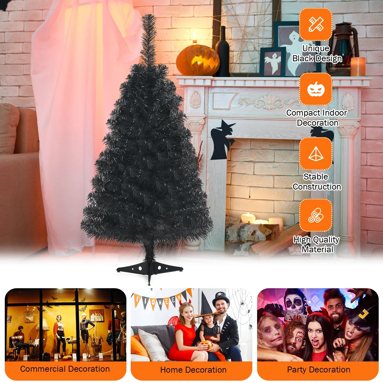 3 Feet Artificial Christmas Halloween Tree, Plastic Stand, Black - Image 3