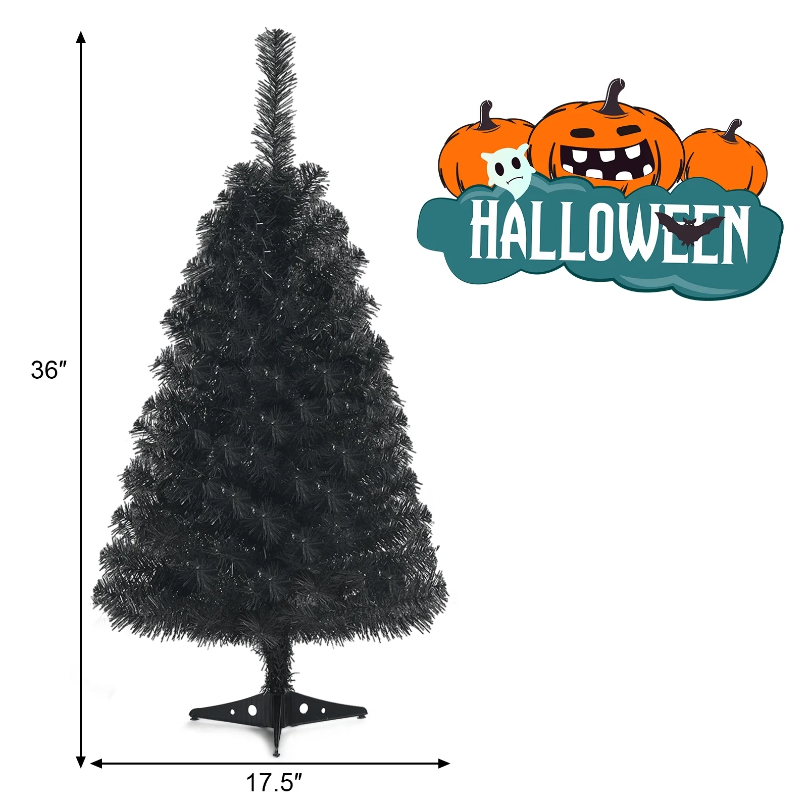 3 Feet Artificial Christmas Halloween Tree, Plastic Stand, Black - Image 5