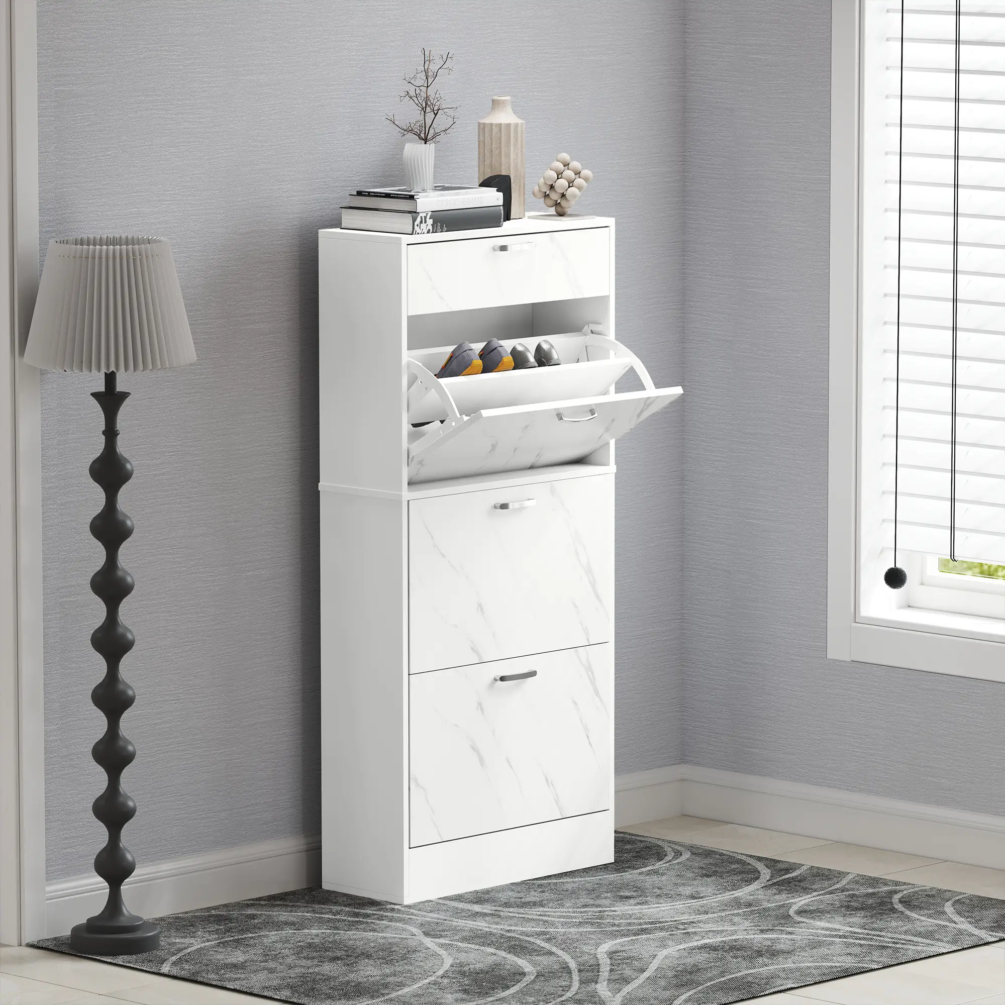 3 Flip Drawer Shoe Cabinet, Marble-Effect Narrow, White - Image 10