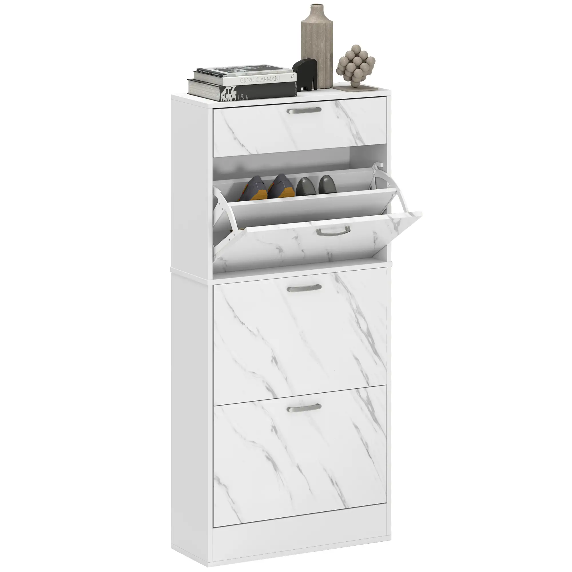 3 Flip Drawer Shoe Cabinet, Marble-Effect Narrow, White - Image 11