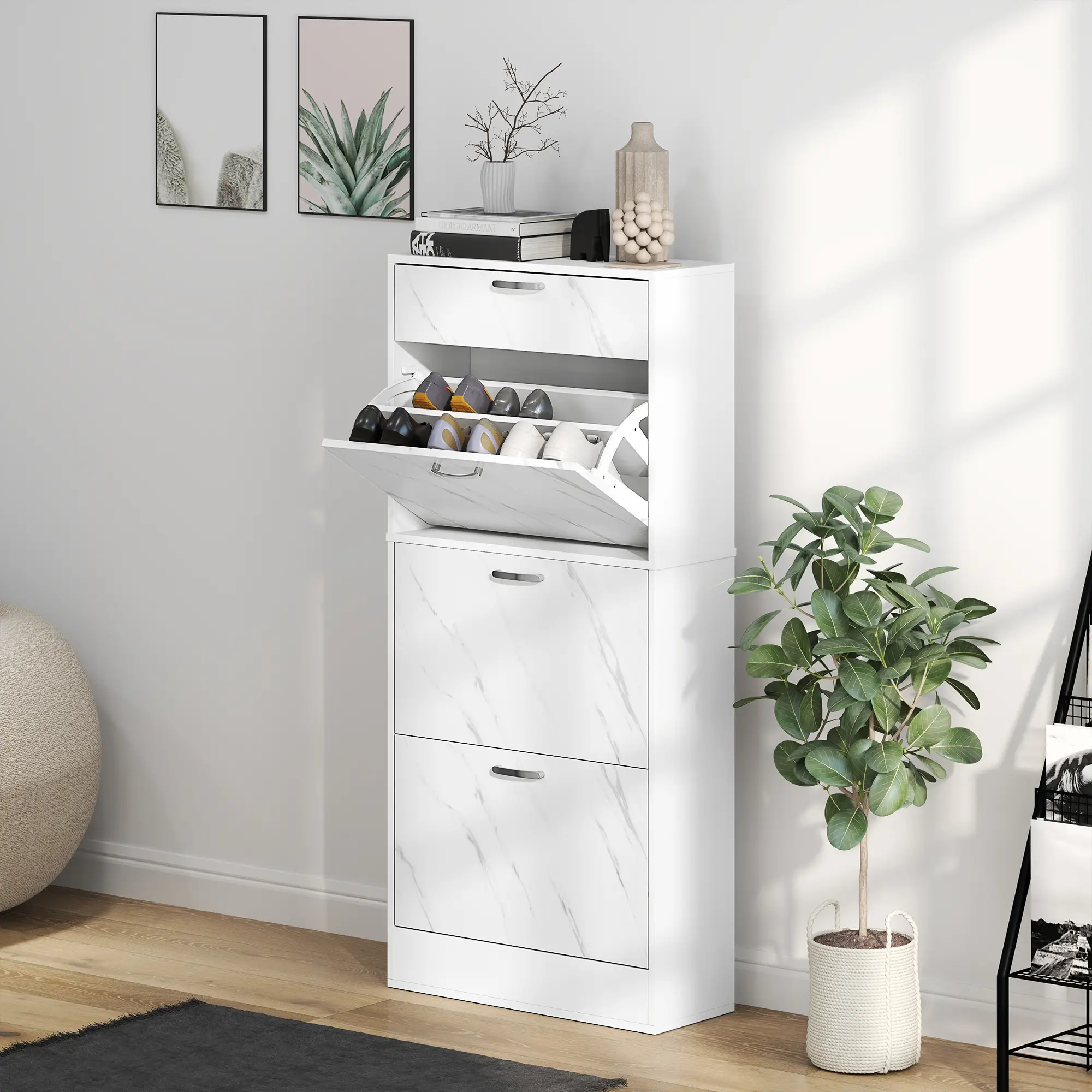 3 Flip Drawer Shoe Cabinet, Marble-Effect Narrow, White - Image 2