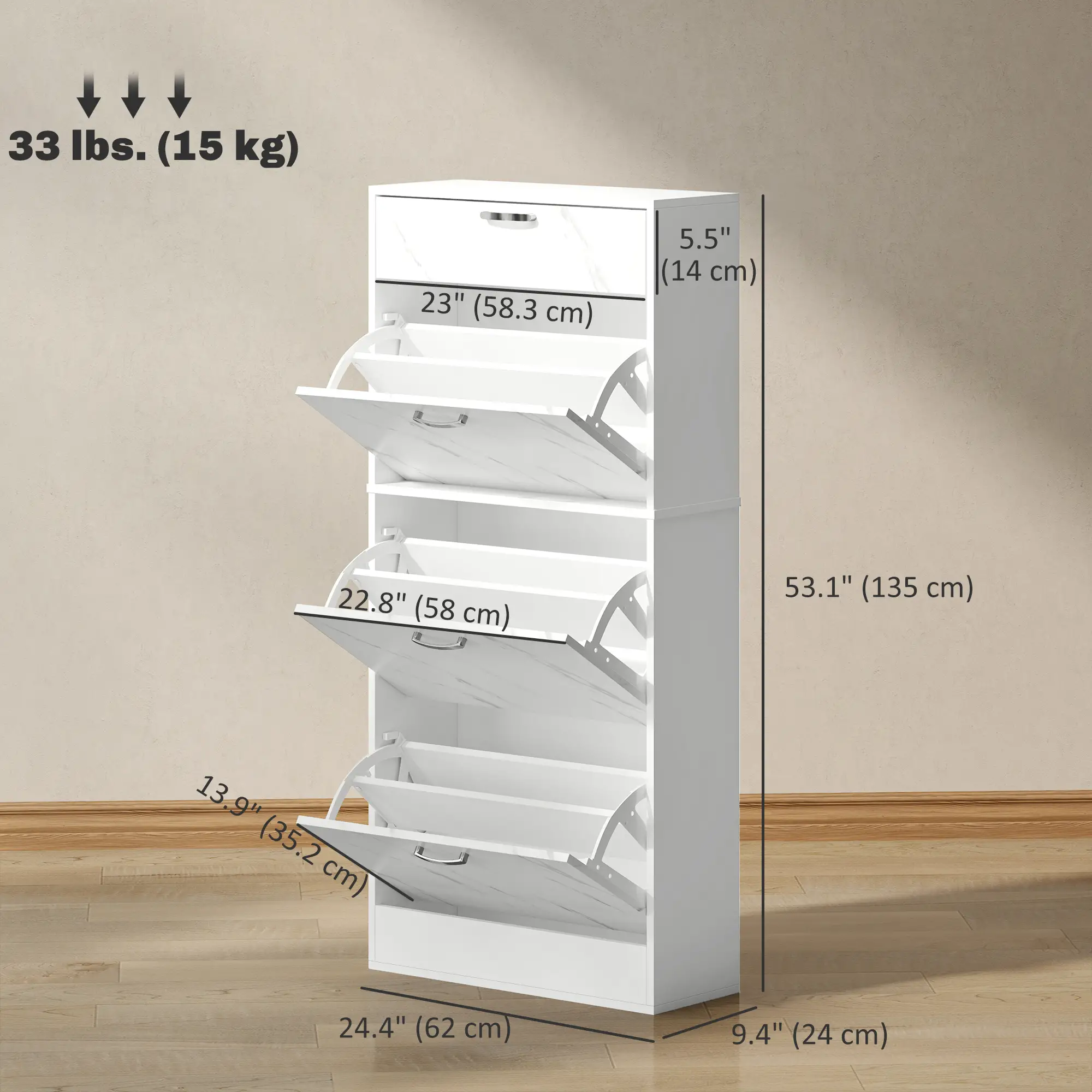 3 Flip Drawer Shoe Cabinet, Marble-Effect Narrow, White - Image 3