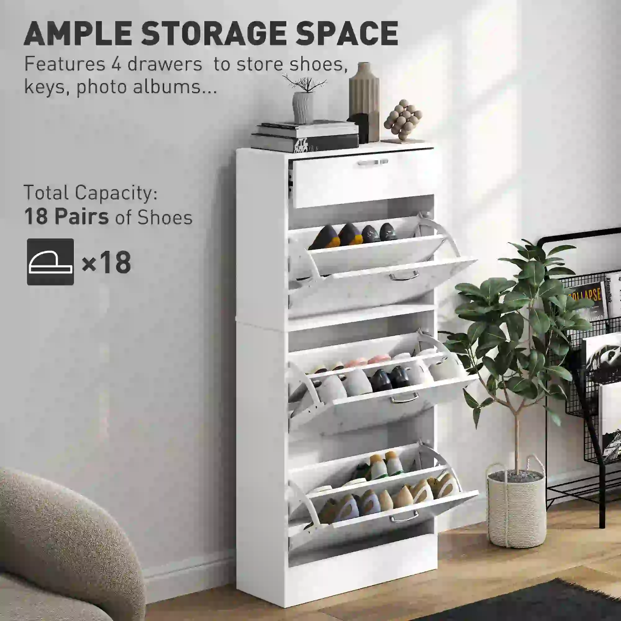 3 Flip Drawer Shoe Cabinet, Marble-Effect Narrow, White - Image 4