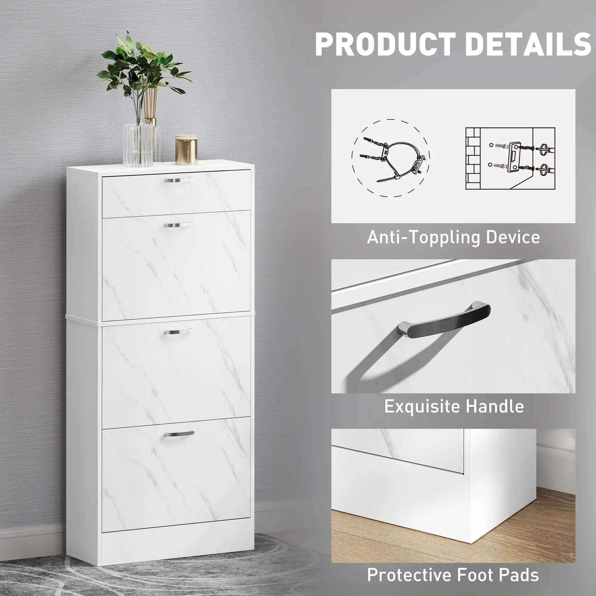 3 Flip Drawer Shoe Cabinet, Marble-Effect Narrow, White - Image 6