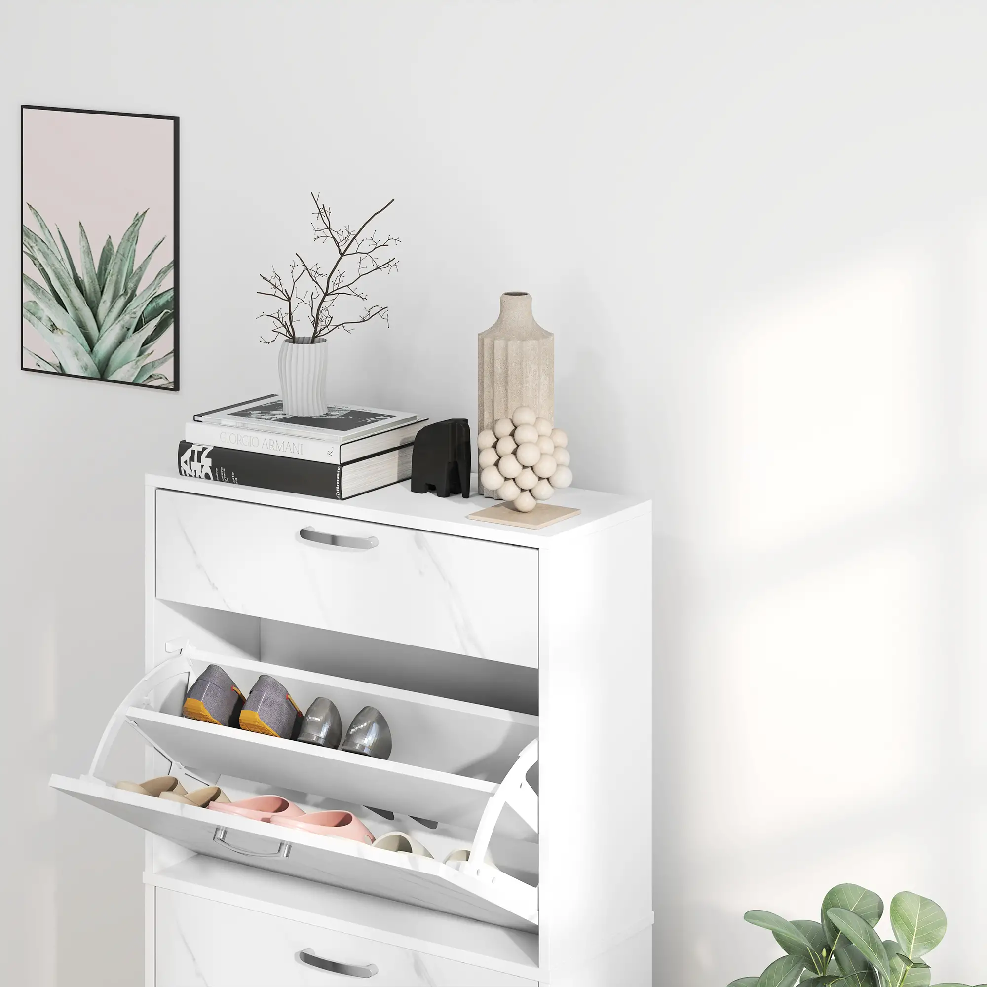 3 Flip Drawer Shoe Cabinet, Marble-Effect Narrow, White - Image 7
