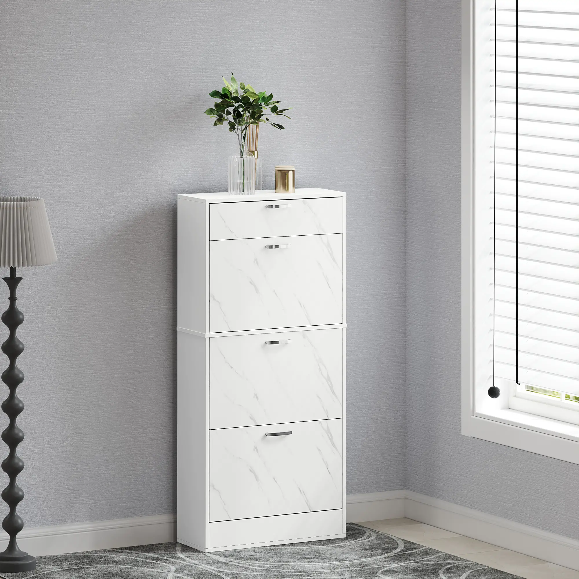 3 Flip Drawer Shoe Cabinet, Marble-Effect Narrow, White - Image 8