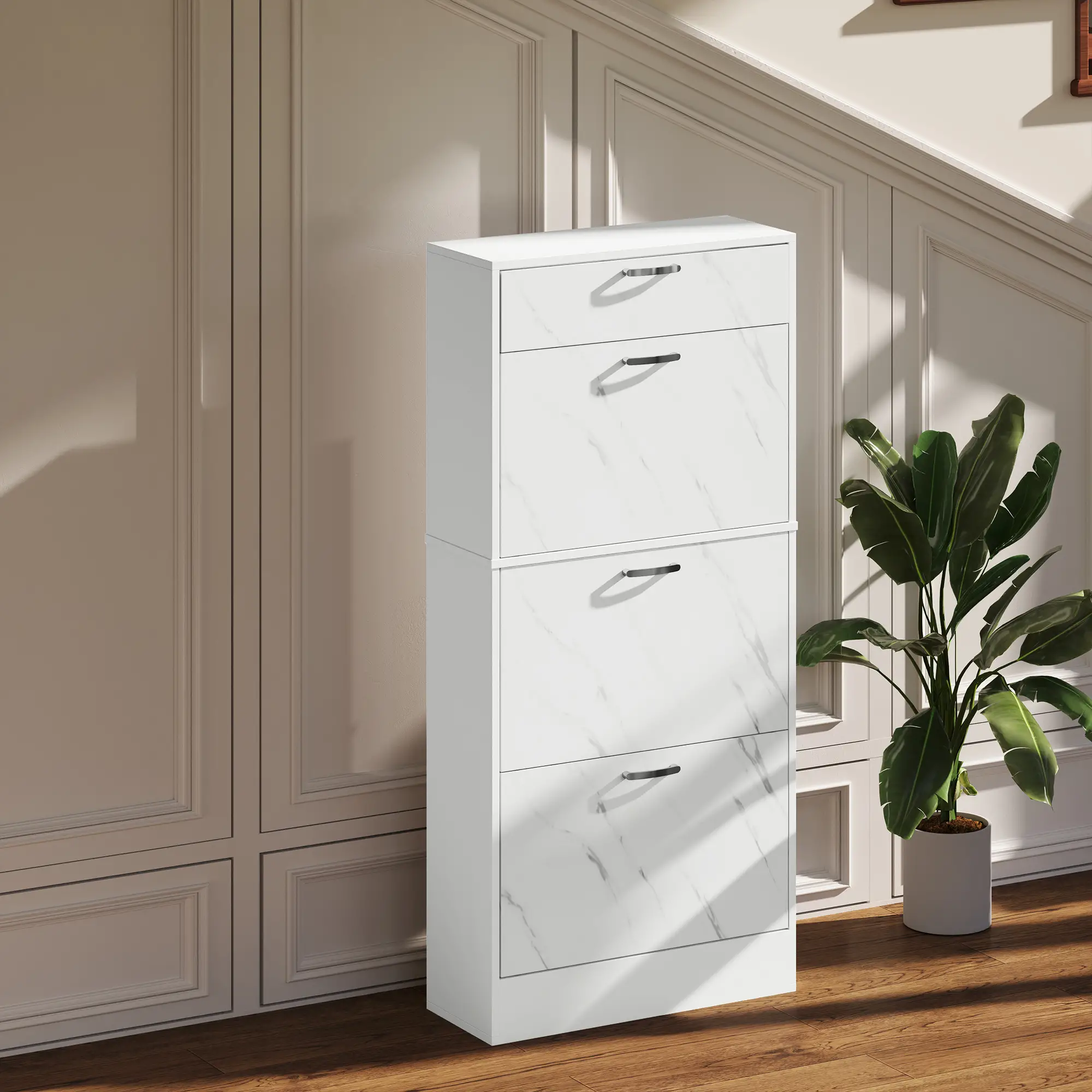 3 Flip Drawer Shoe Cabinet, Marble-Effect Narrow, White - Image 9