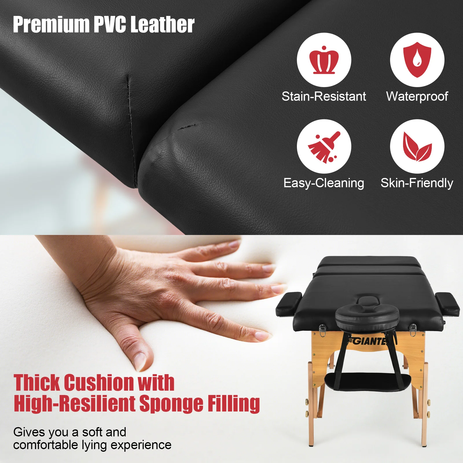 3 Fold Portable Adjustable Massage Table, Black - Image 4
