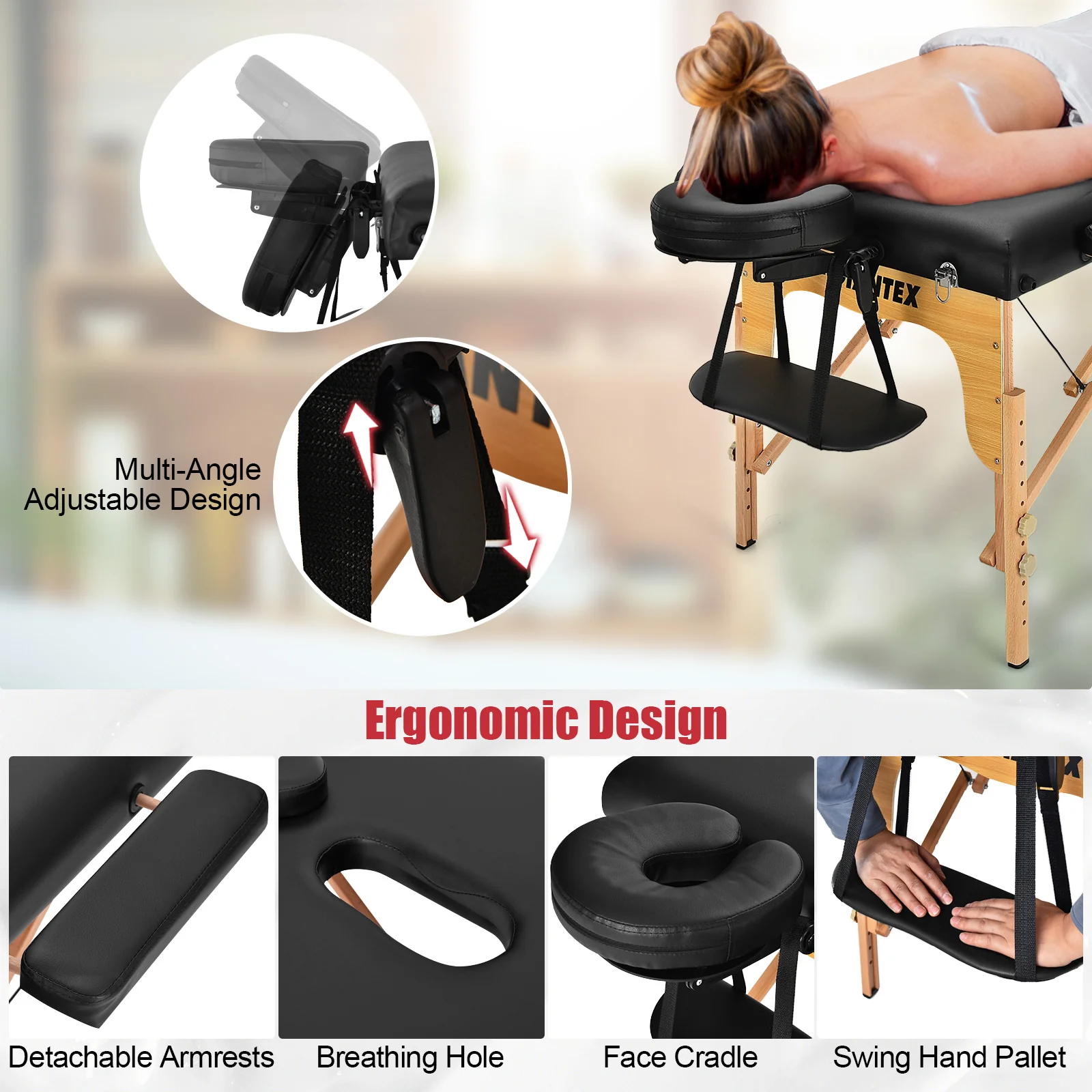 3 Fold Portable Adjustable Massage Table, Black - Image 5
