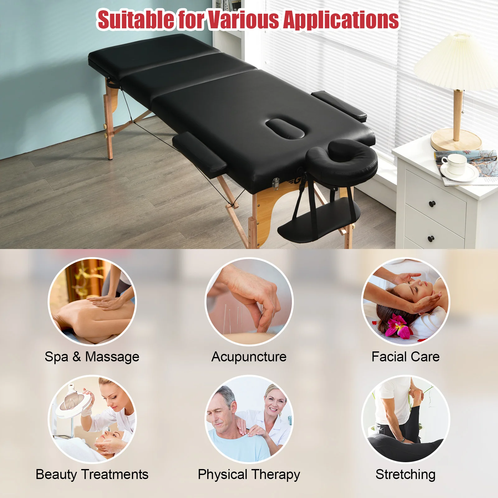 3 Fold Portable Adjustable Massage Table, Black - Image 7