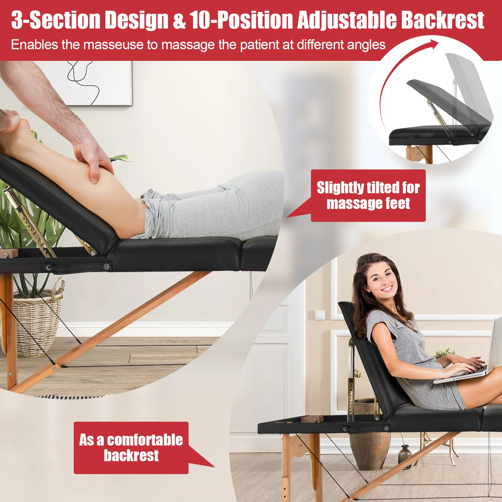 3 Fold Portable Adjustable Massage Table, Black - Image 9