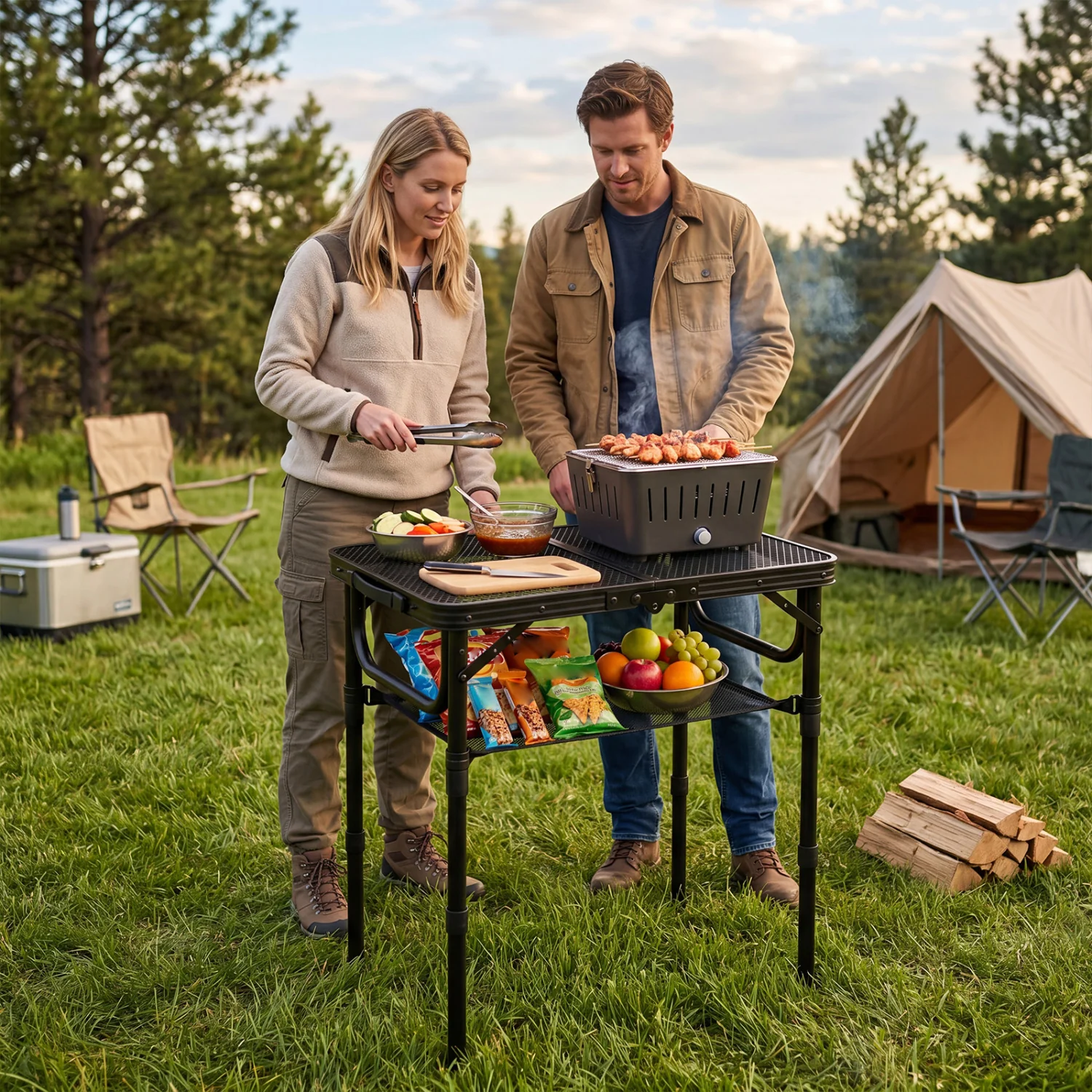 3-Height Folding Picnic Table with Storage, Black - Image 2