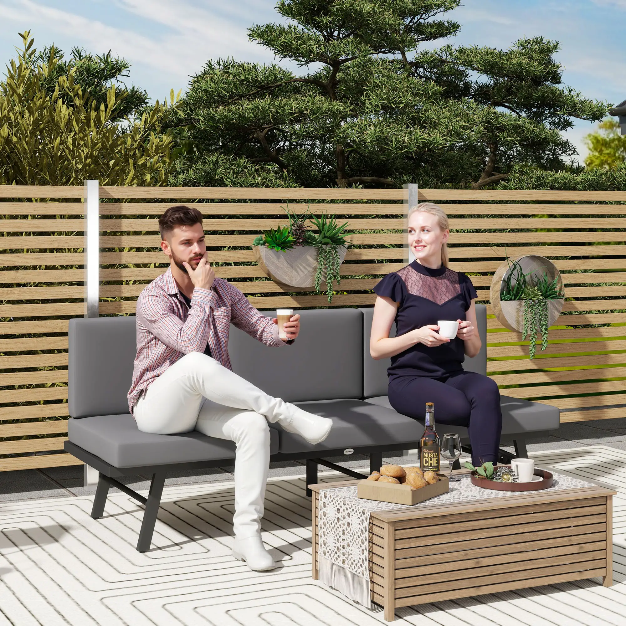 3-in-1 3-Seater Outdoor Sofa, Lounge Chair, Patio Loveseat with Table, Grey - Image 2