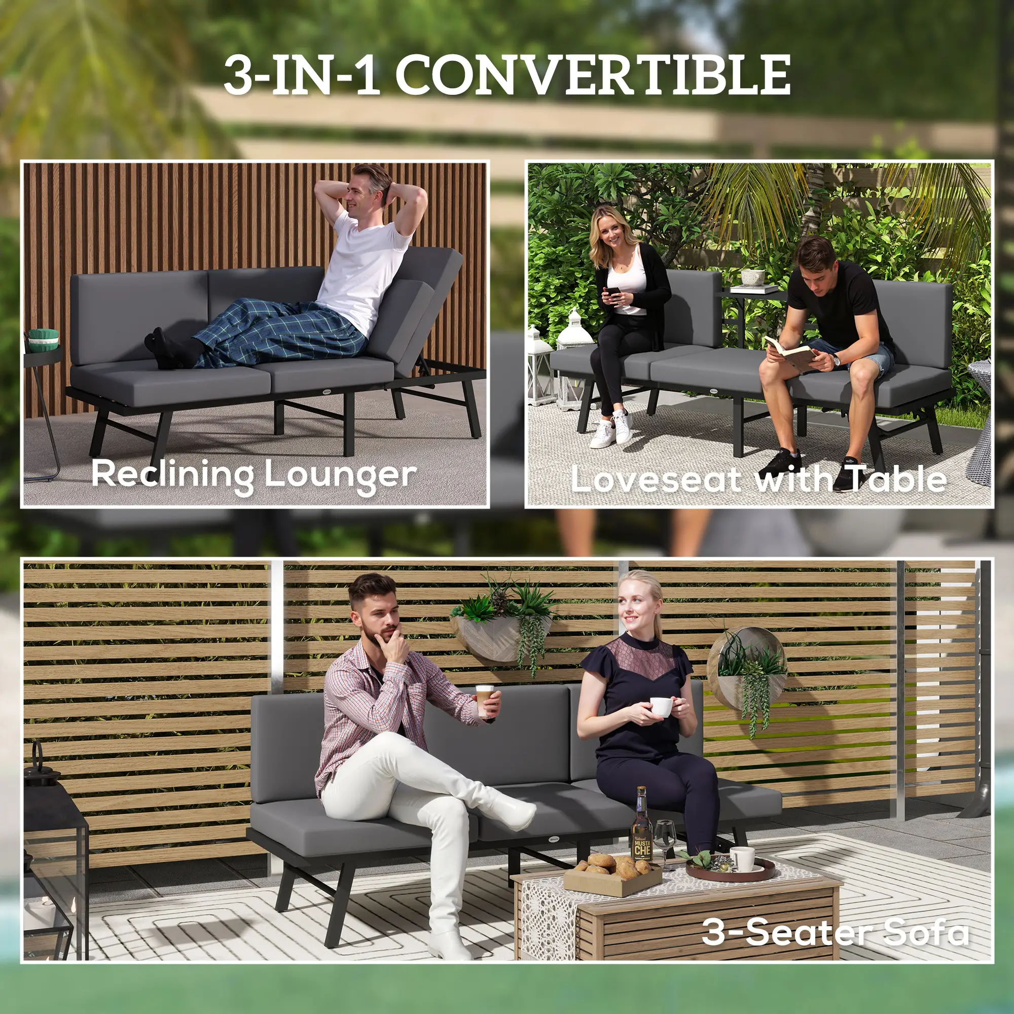 3-in-1 3-Seater Outdoor Sofa, Lounge Chair, Patio Loveseat with Table, Grey - Image 4