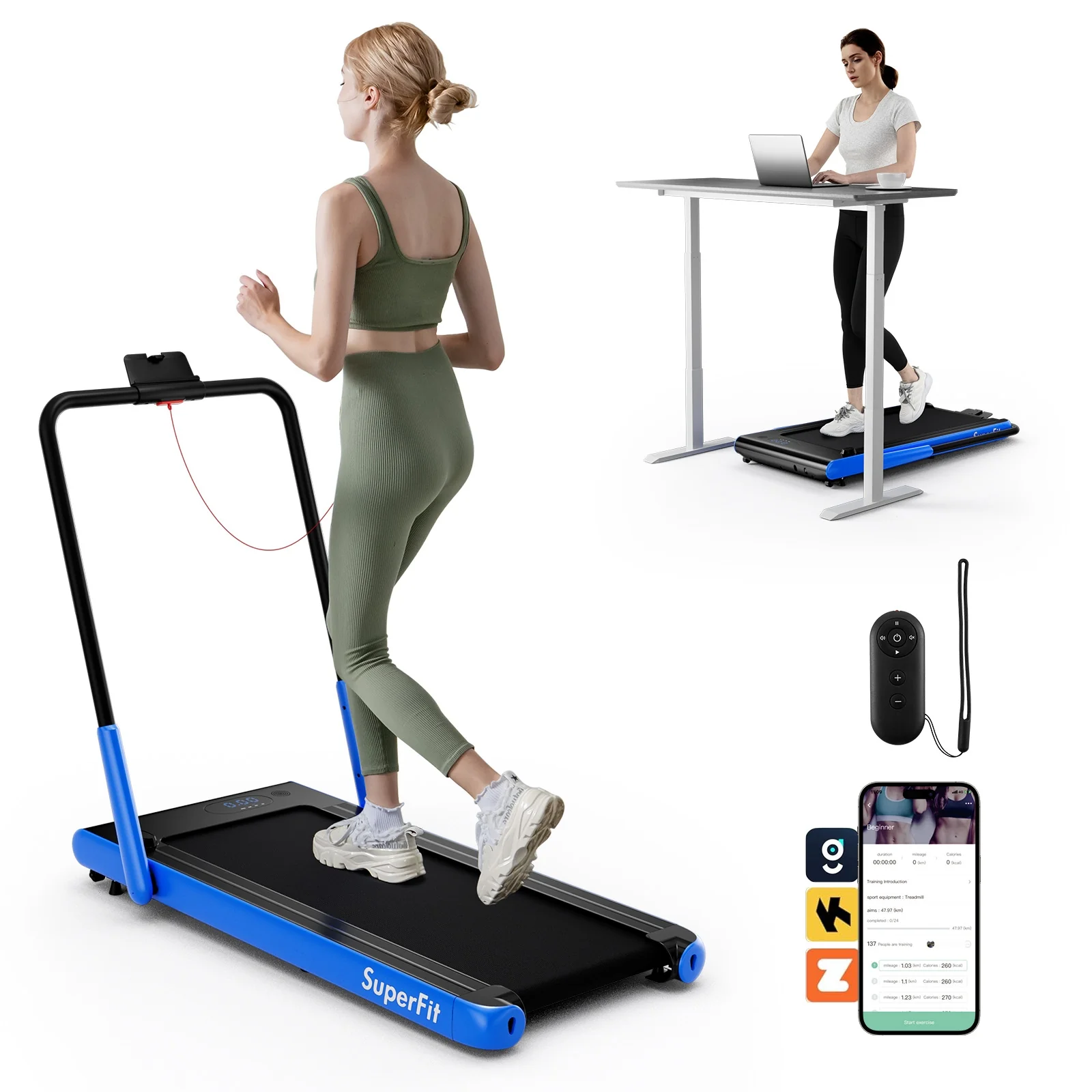 3-In-1 3HP Folding Treadmill, Smart Apps Remote, Speakers, Navy