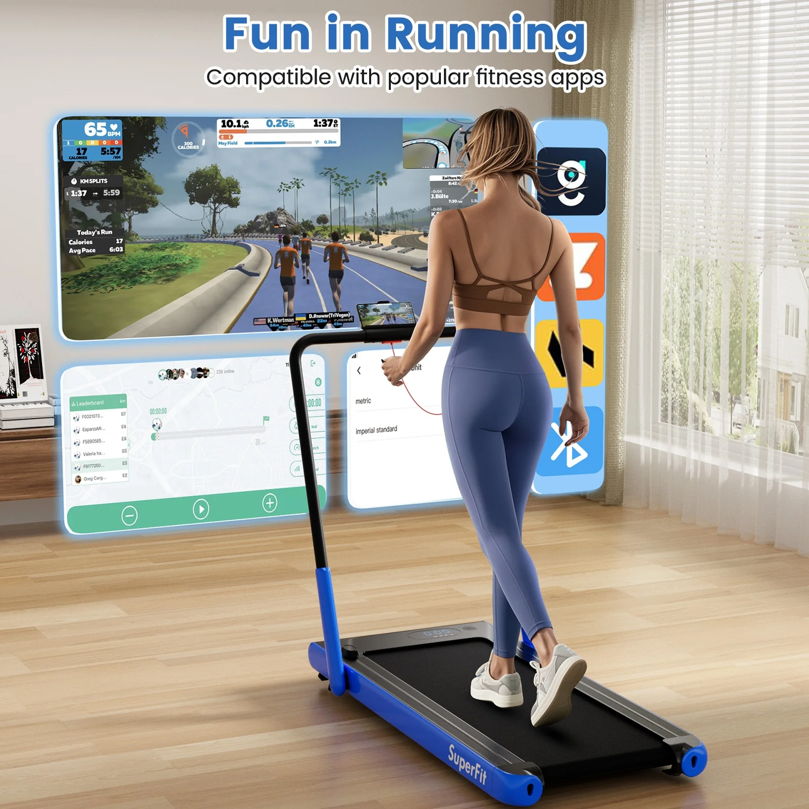 3-In-1 3HP Folding Treadmill, Smart Apps Remote, Speakers, Navy - Image 5