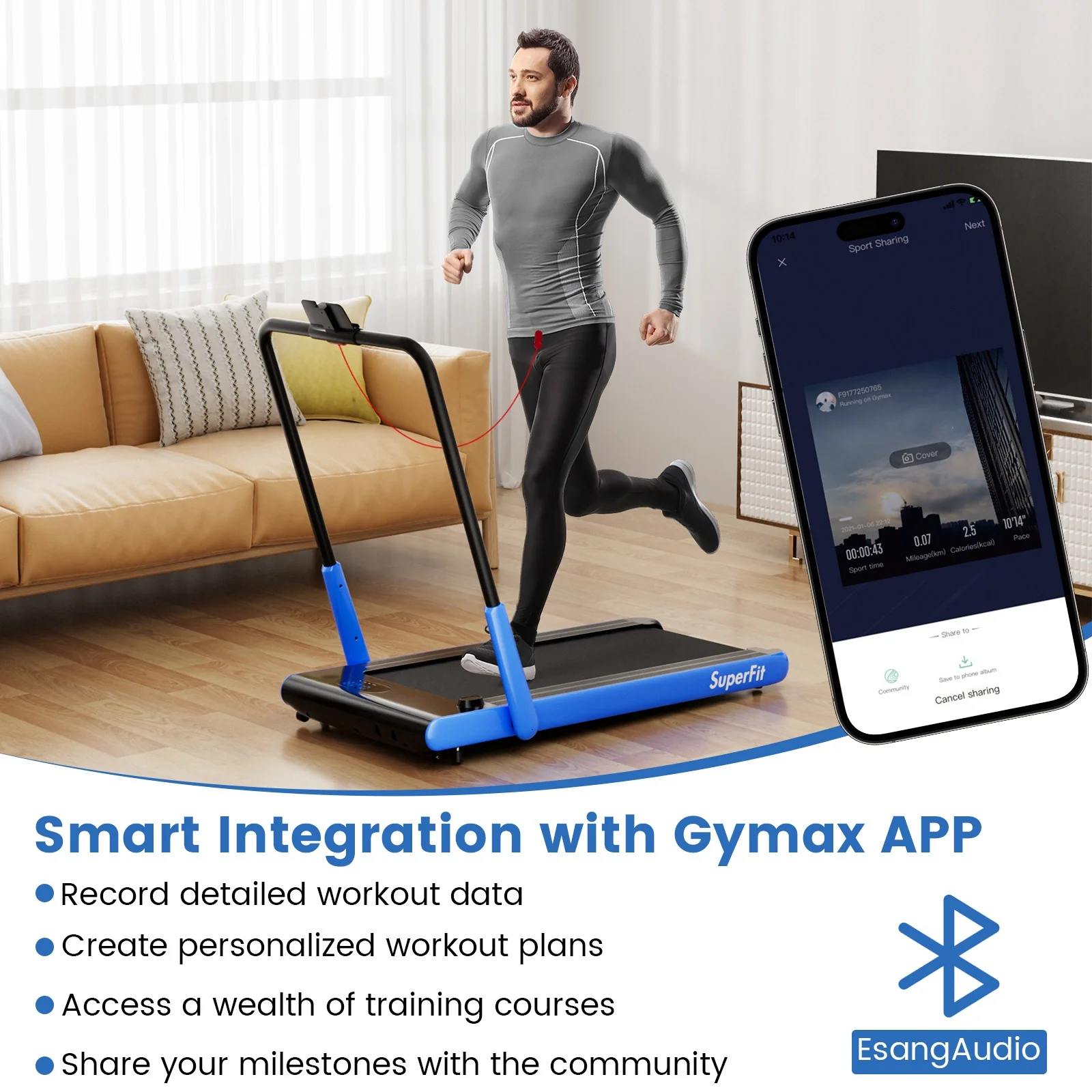 3-In-1 3HP Folding Treadmill, Smart Apps Remote, Speakers, Navy - Image 6