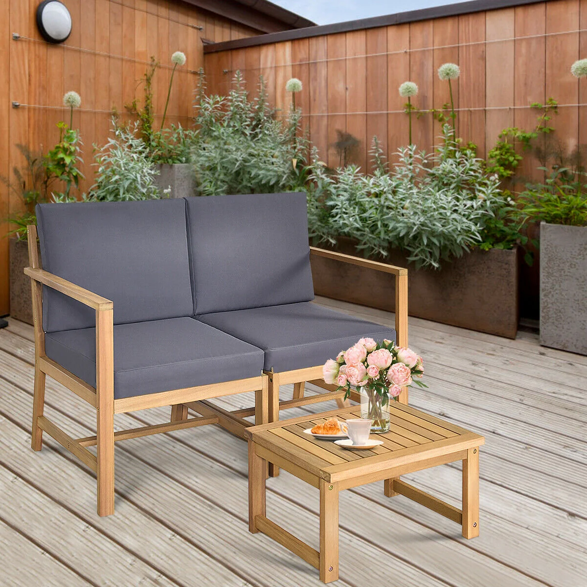 3-In-1 Acacia Wood Loveseat, With Separable Coffee Table, Natural - Image 8