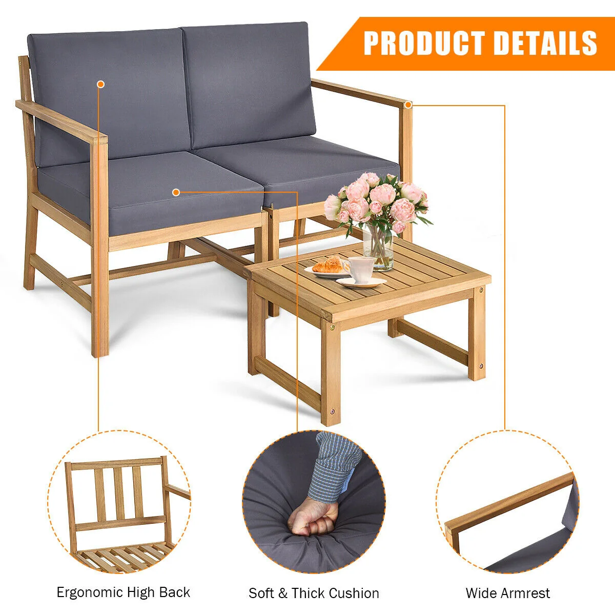 3-In-1 Acacia Wood Loveseat, With Separable Coffee Table, Natural - Image 9