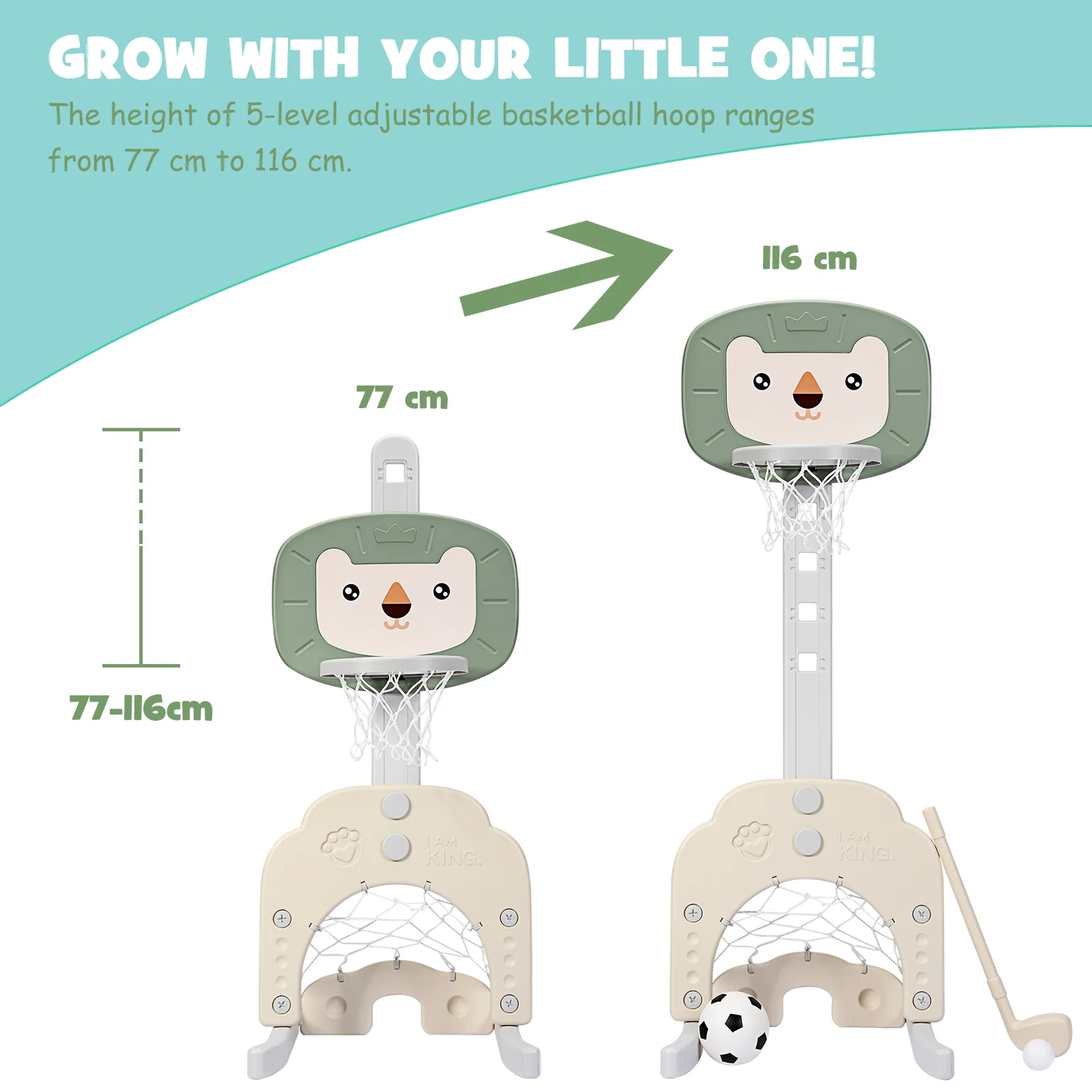 3-in-1 Adjustable Kids Basketball Hoop Sports Set, Green - Image 10