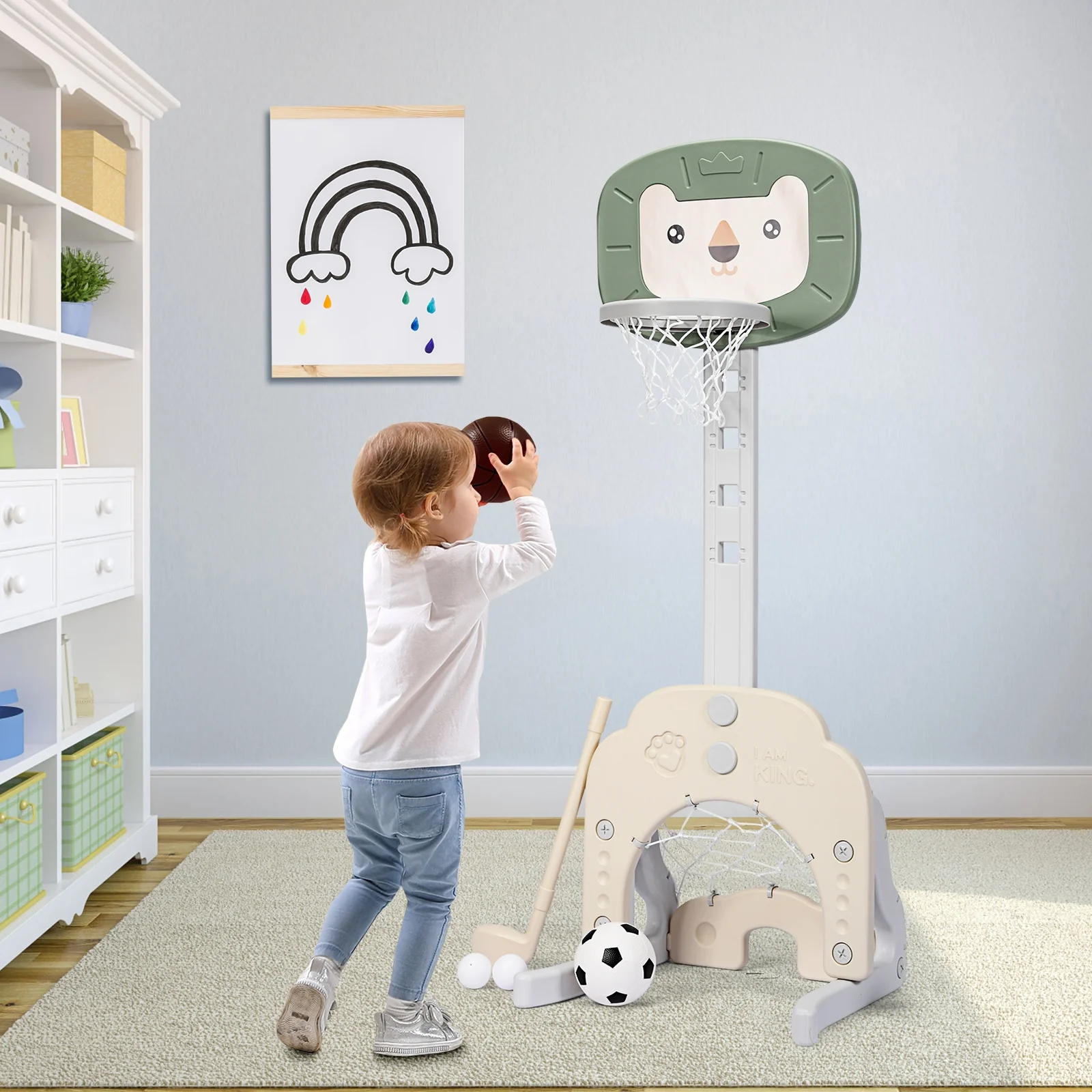 3-in-1 Adjustable Kids Basketball Hoop Sports Set, Green - Image 2