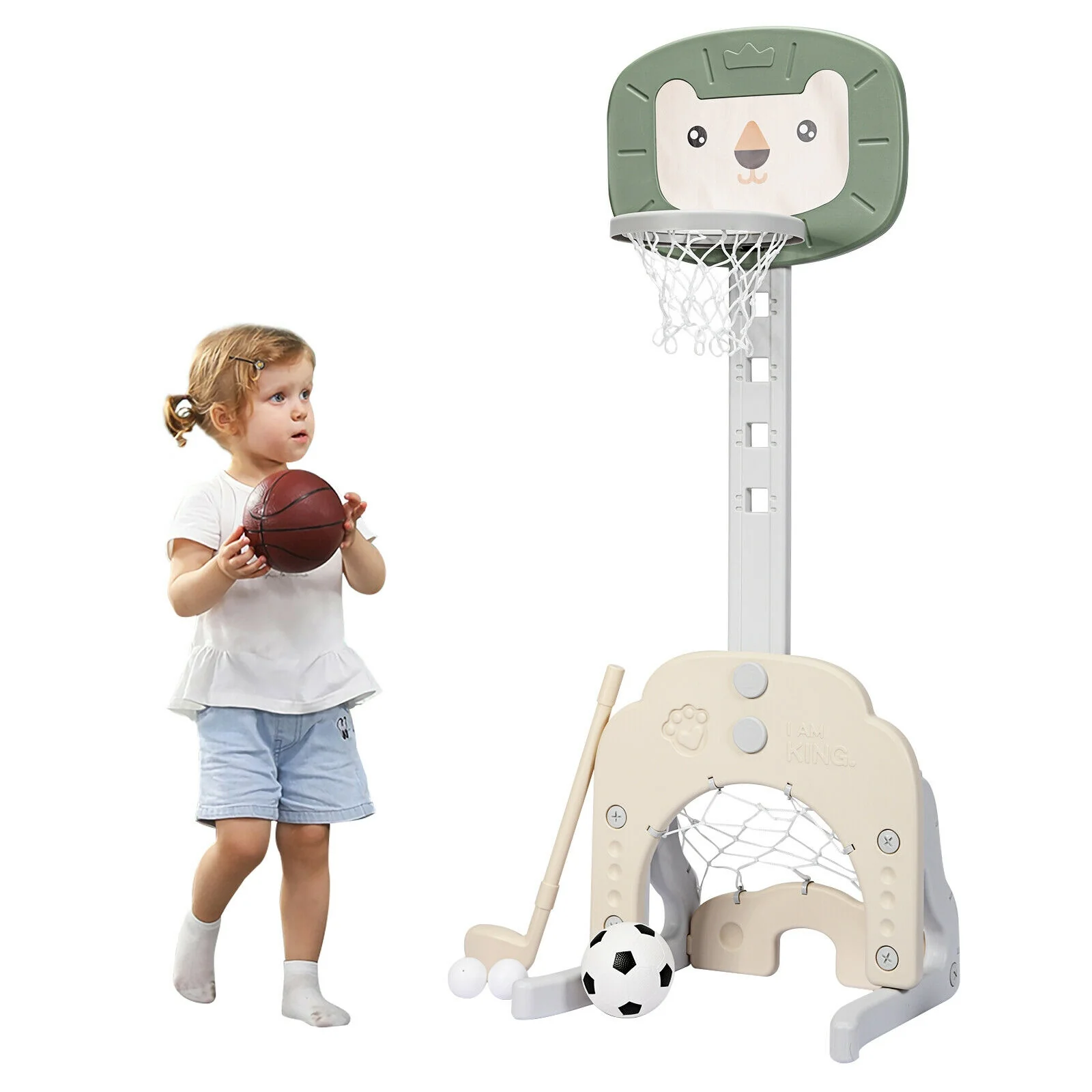 3-in-1 Adjustable Kids Basketball Hoop Sports Set, Green - Image 5