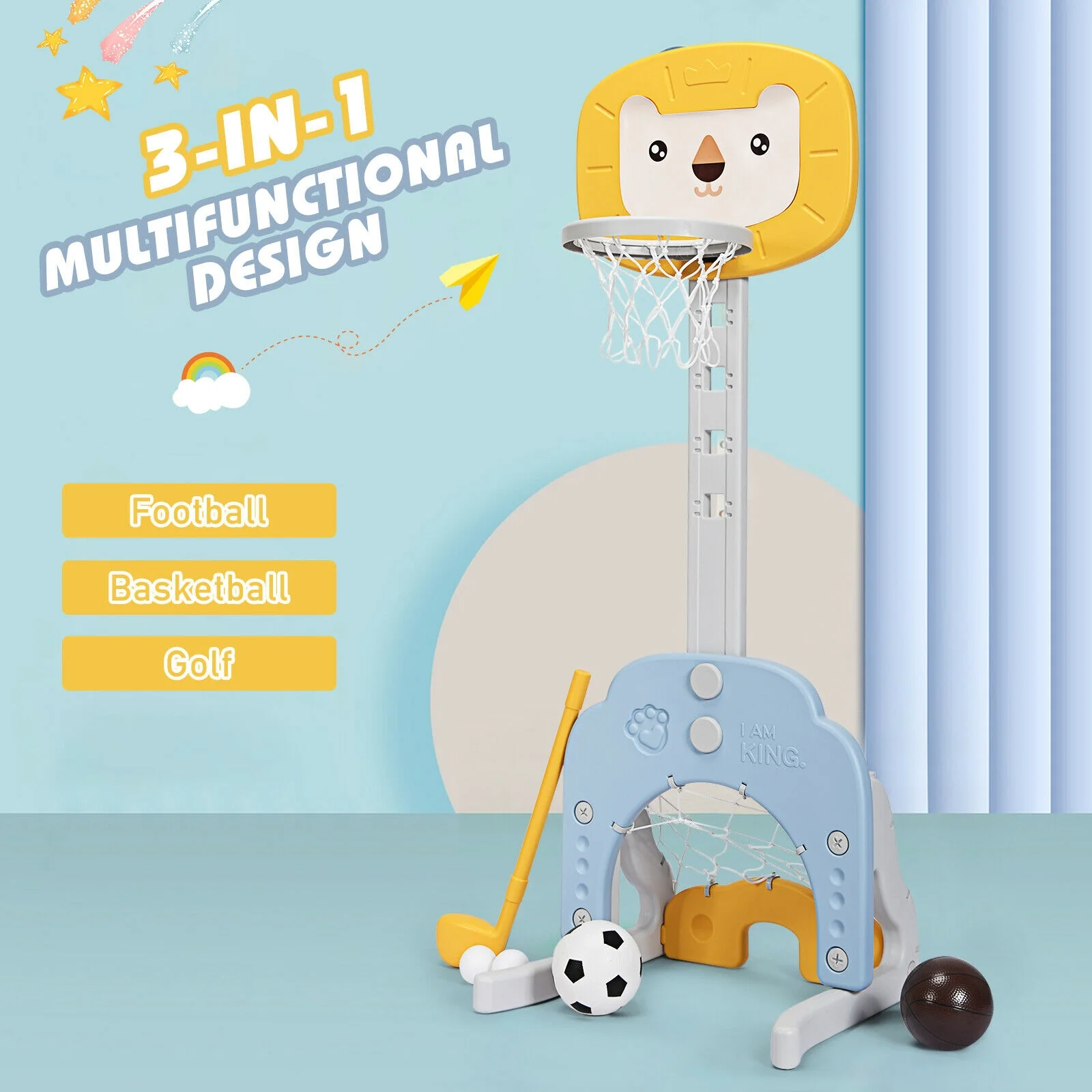 3-in-1 Adjustable Kids Basketball Hoop Sports Set, Yellow - Image 10