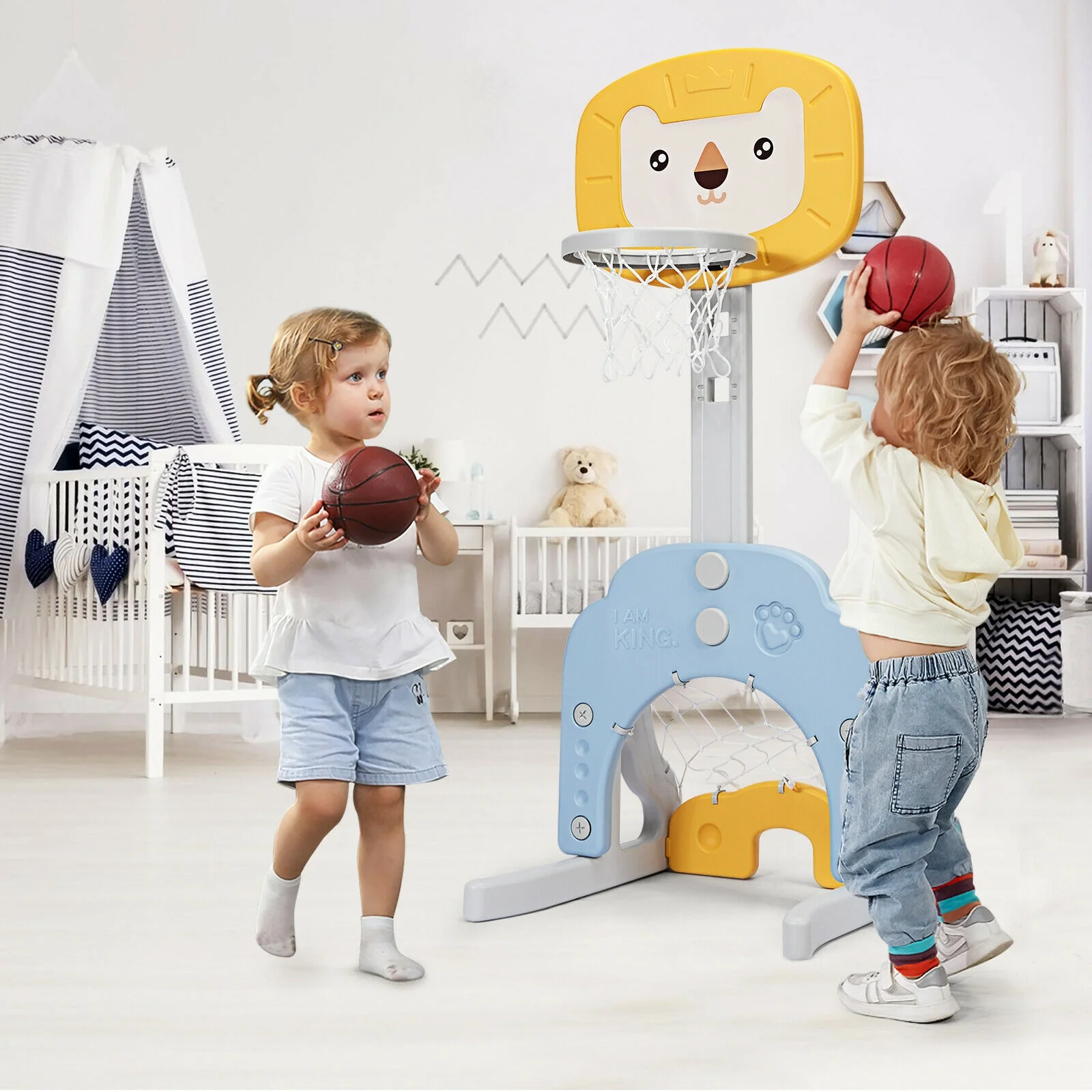 3-in-1 Adjustable Kids Basketball Hoop Sports Set, Yellow - Image 2