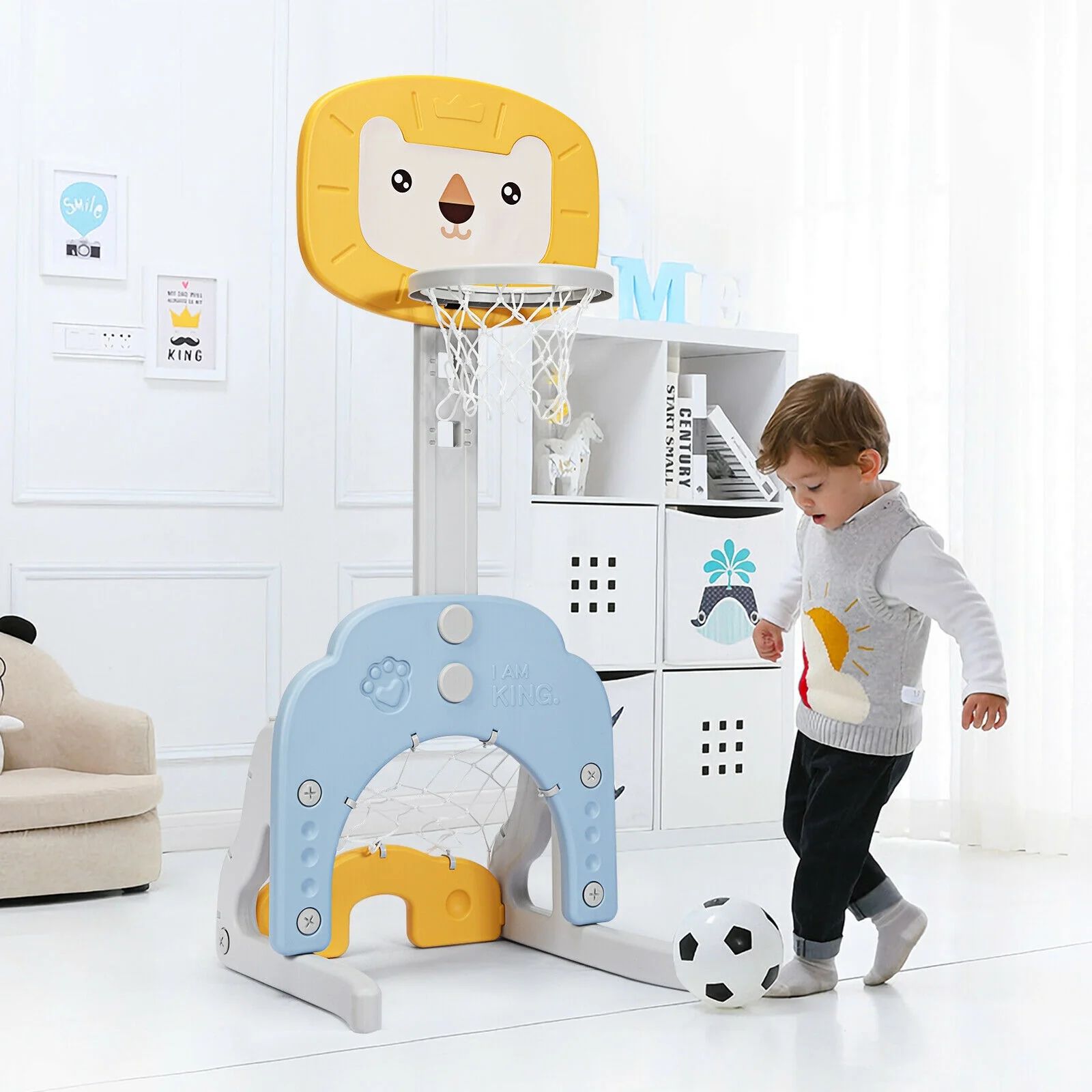 3-in-1 Adjustable Kids Basketball Hoop Sports Set, Yellow - Image 3