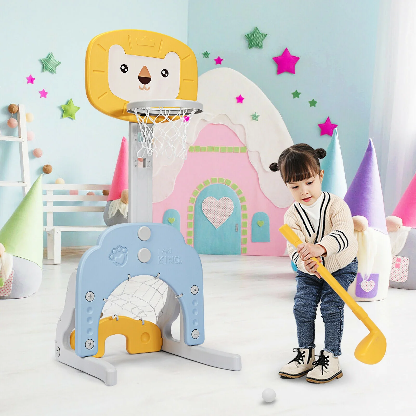 3-in-1 Adjustable Kids Basketball Hoop Sports Set, Yellow - Image 7